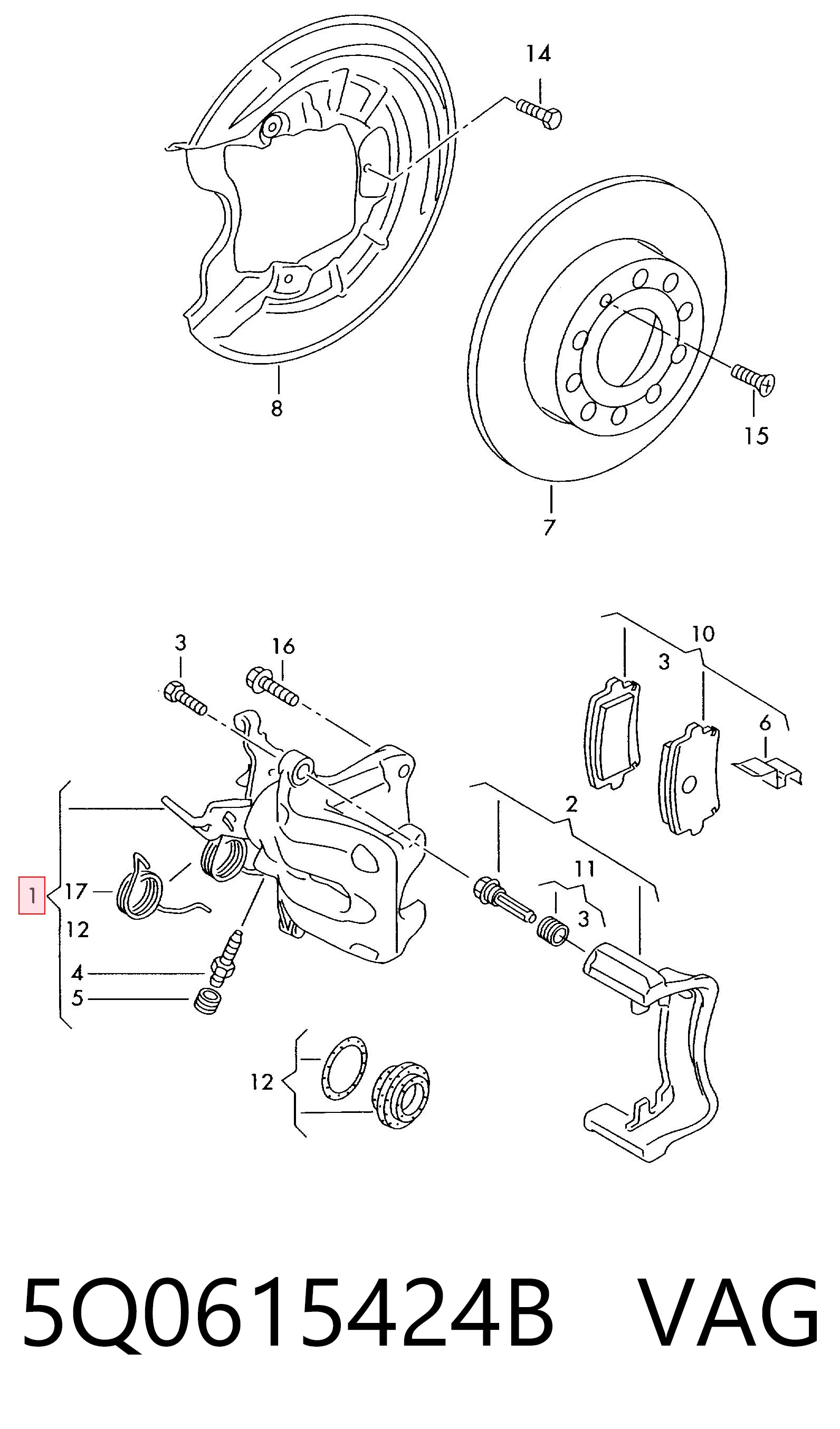 5Q0615424B VAG Pinza de freno trasera derecha