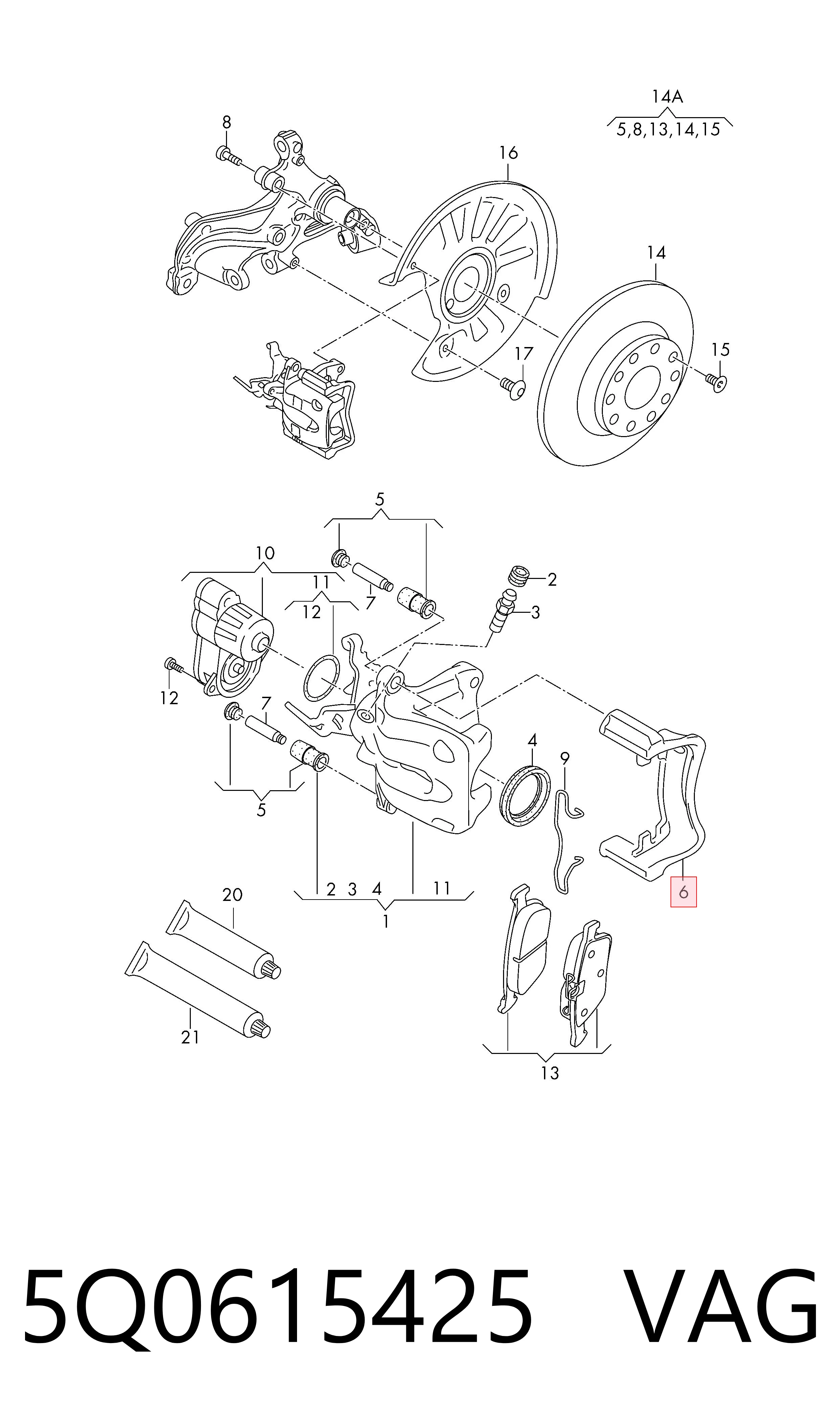 5Q0615425 VAG Pinza de freno trasera izquierda