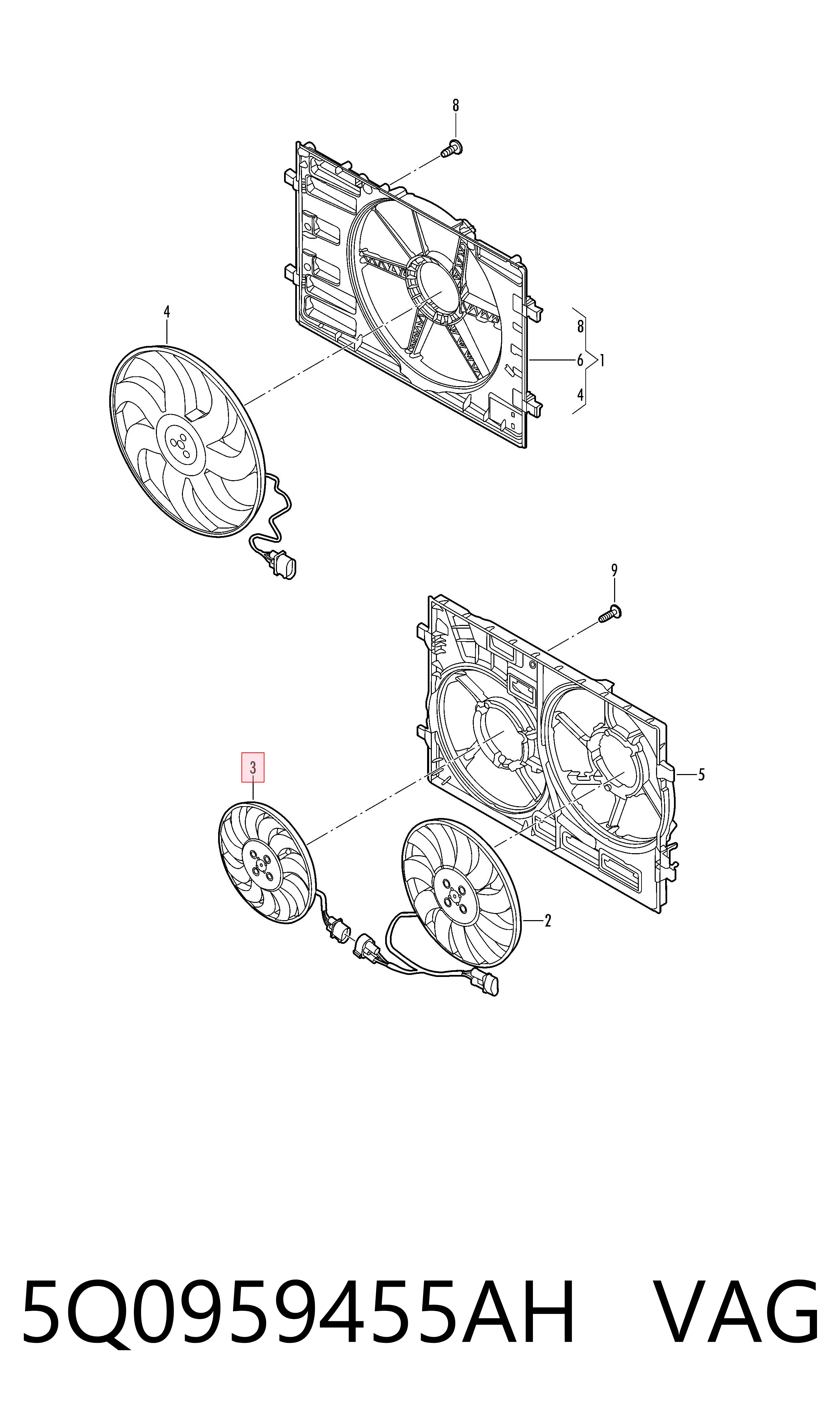 5Q0959455AH VAG Ventilador de refrigeración completo derecho (motor y hélice)