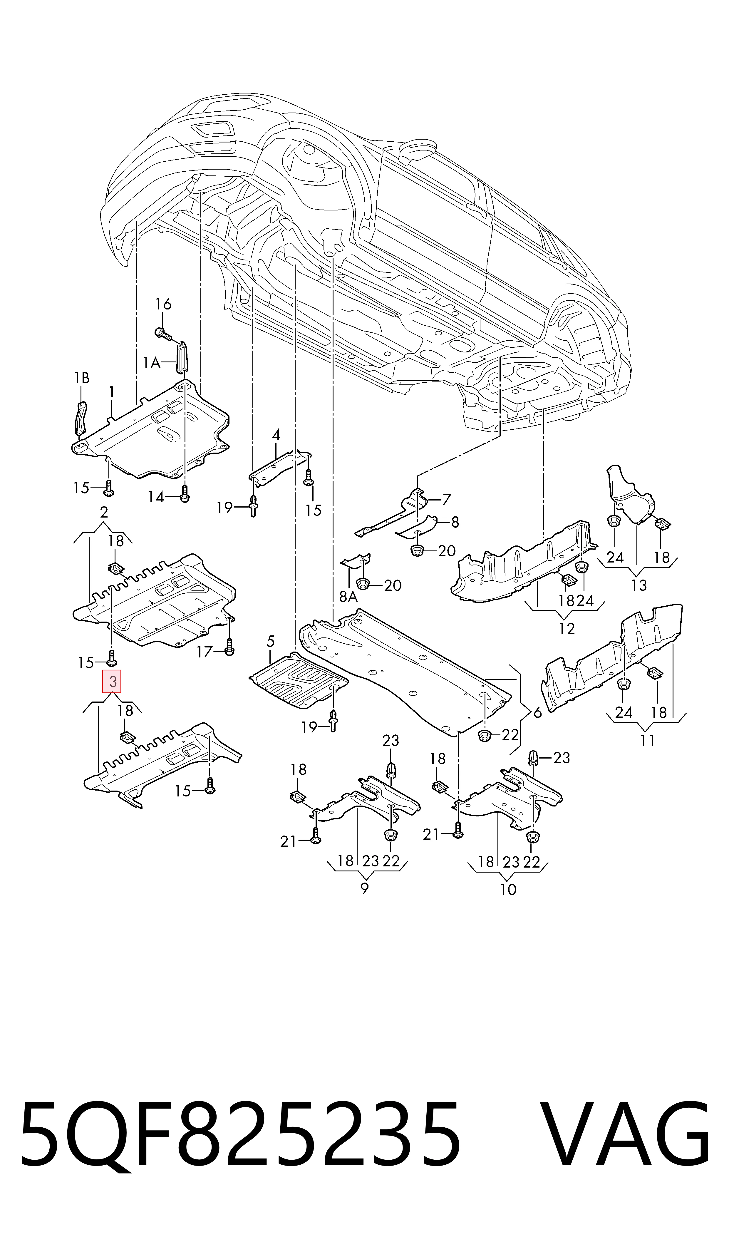 5QF825235 VAG Protector antiempotramiento del motor delantera