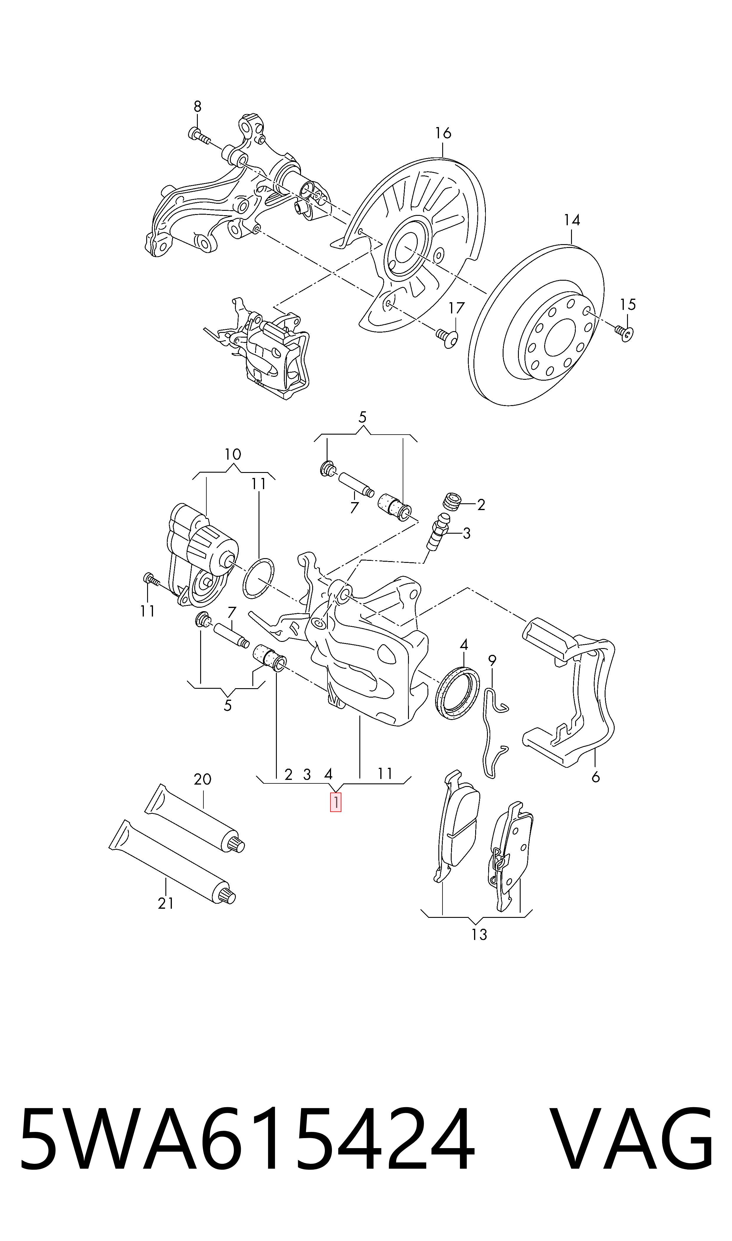 5WA615424 VAG Pinza de freno trasera derecha