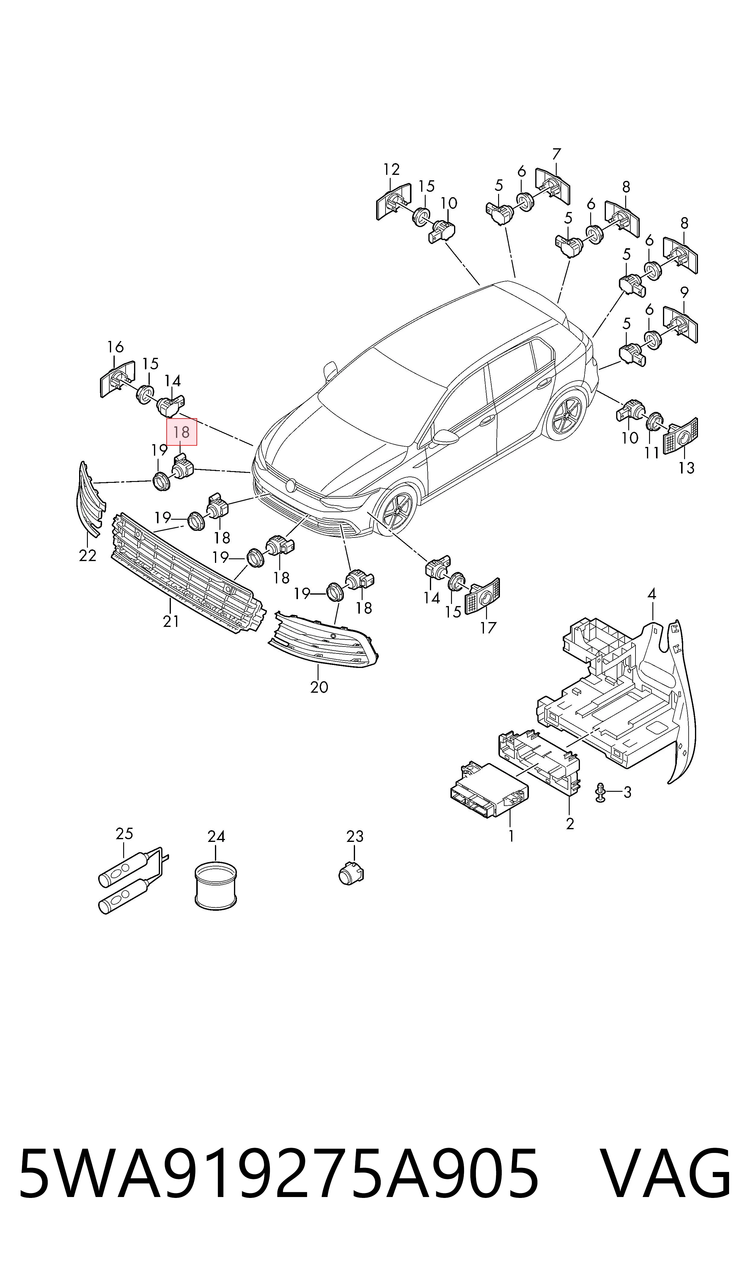 Sensor de aparcamiento trasero 5WA919275A905 VAG