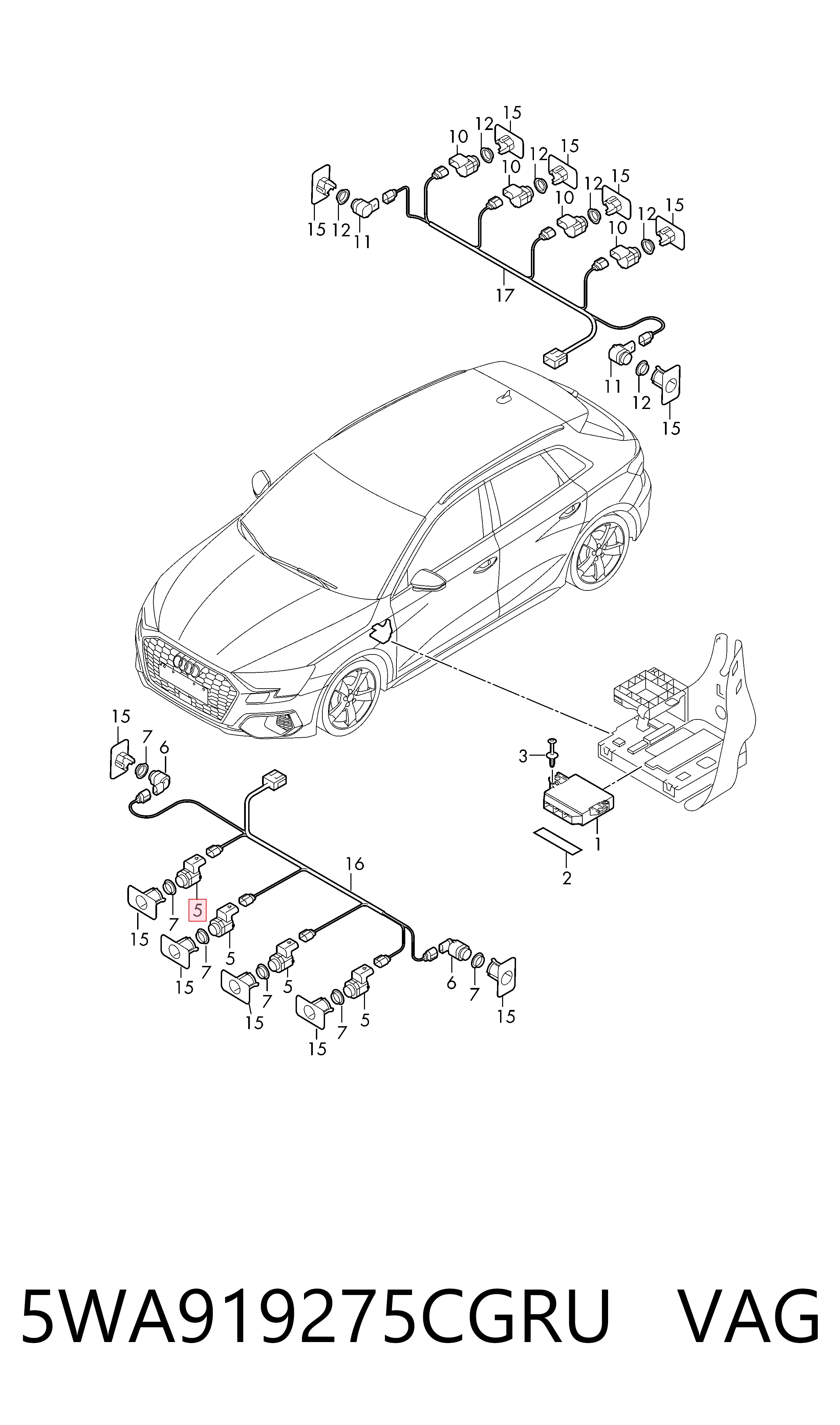 5WA919275CGRU VAG Sensor alarma de estacionamiento trasero 