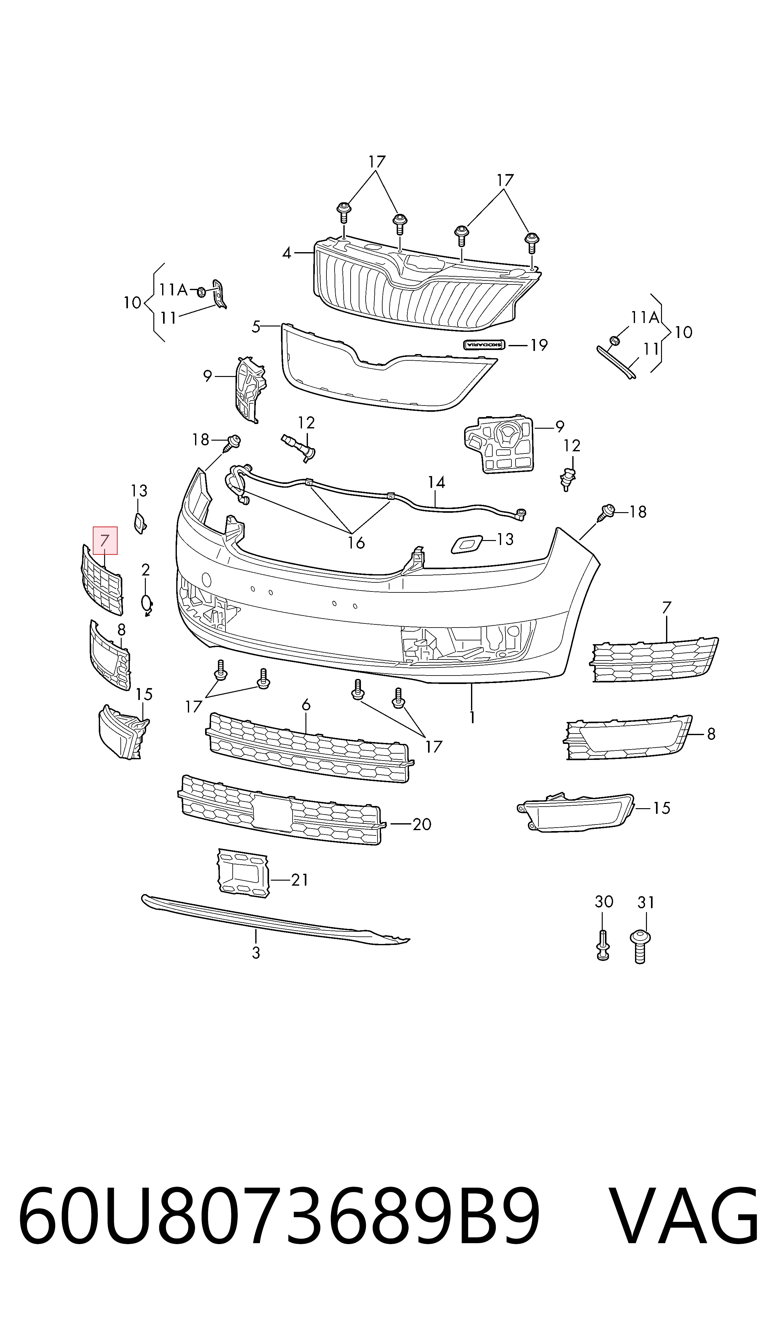 60U8073689B9 VAG Tapa de rejilla de faro antiniebla delantero derecho