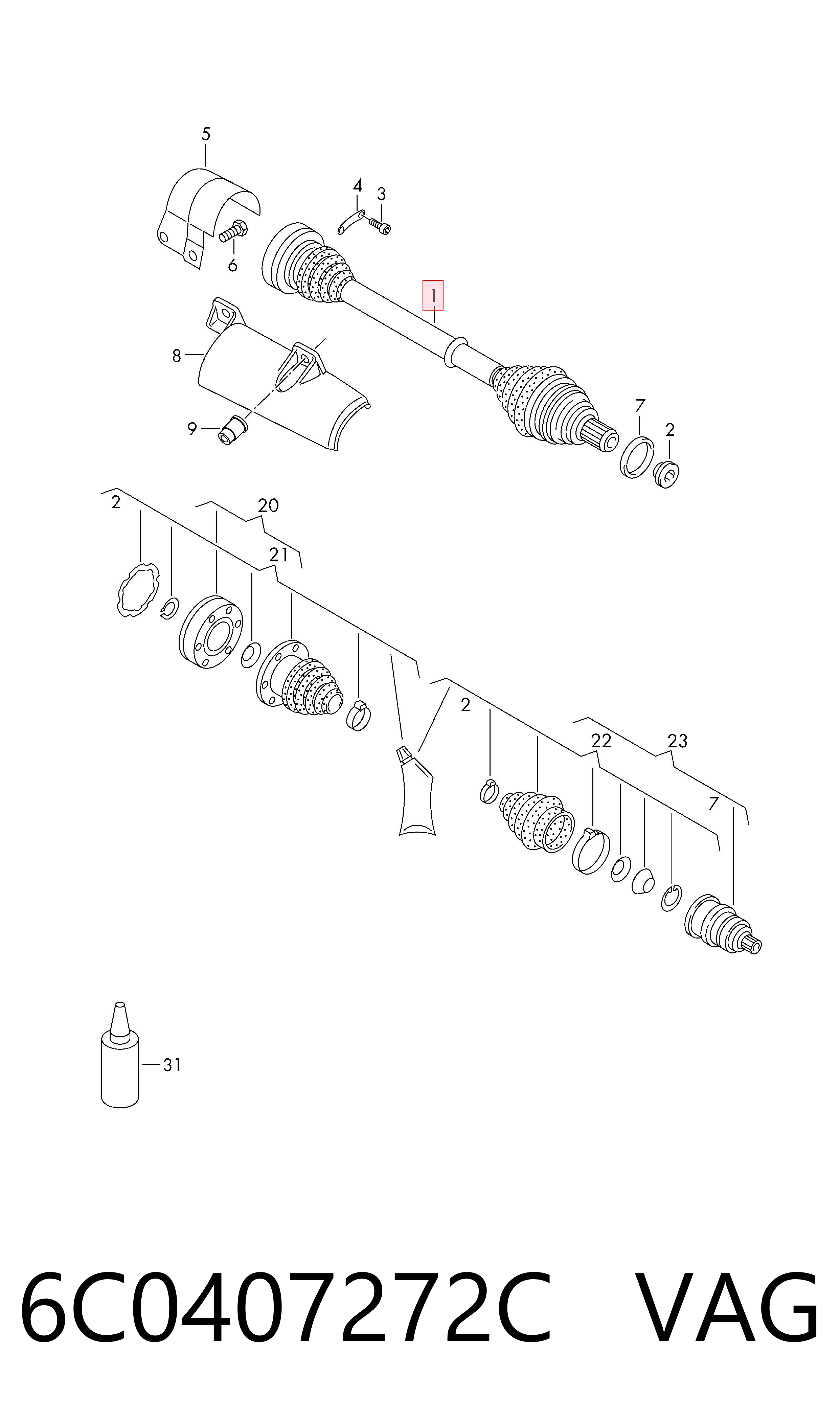 6C0407272C VAG Semieje delantero derecho