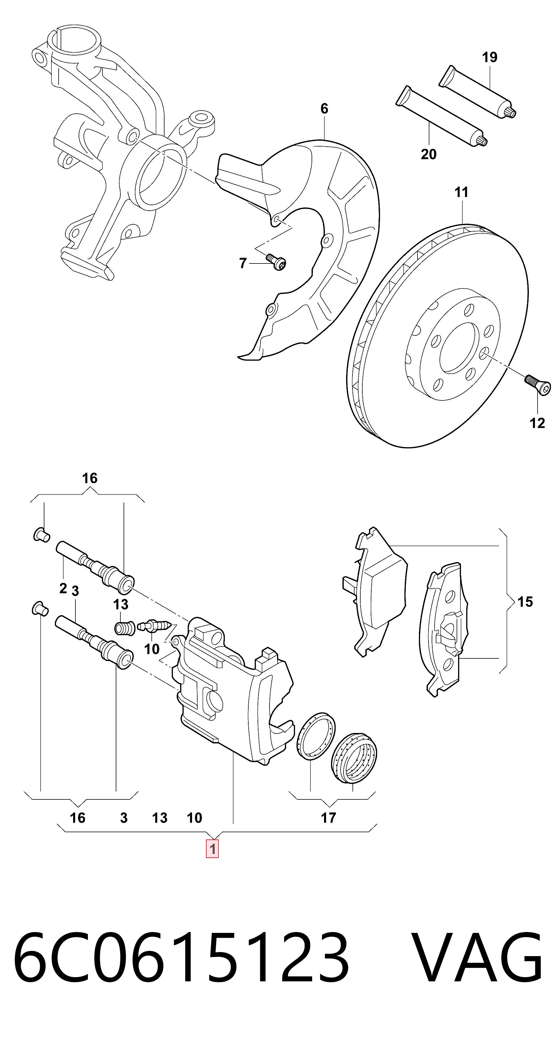 6C0615123 VAG Pinza de freno delantera izquierda