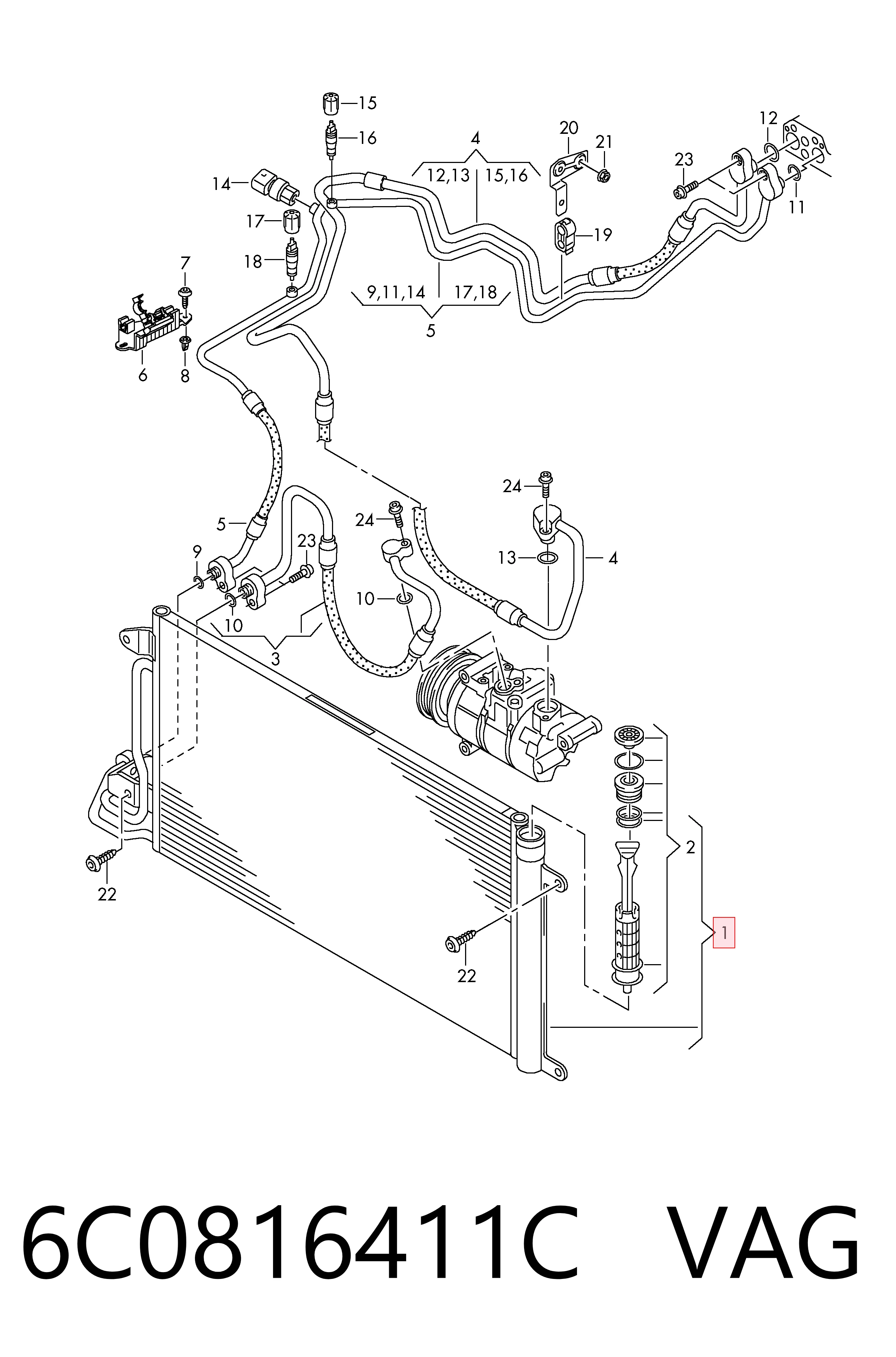 Condensador aire acondicionado para Volkswagen Polo 602, 604, 612, 614