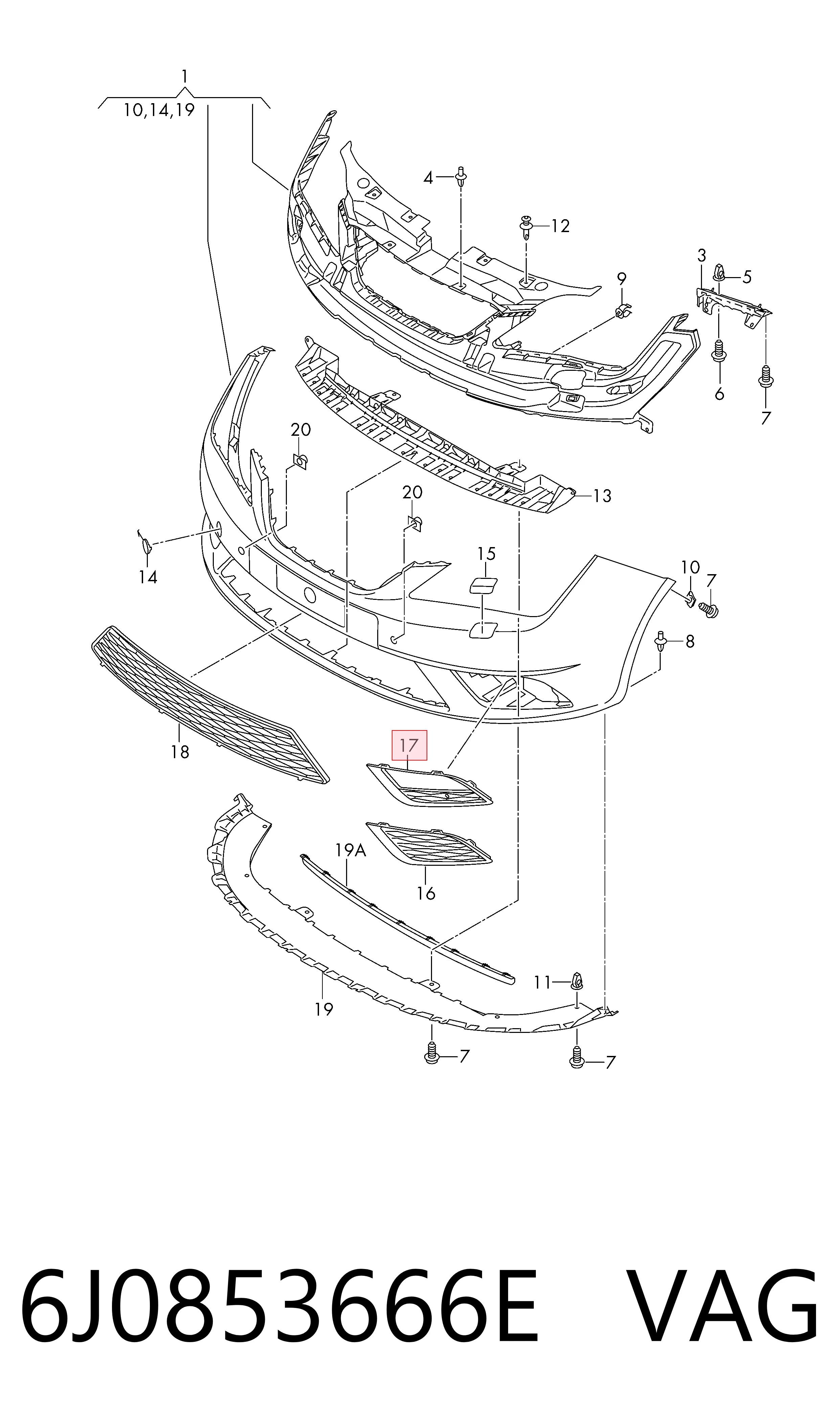6J0853666E VAG Tapa de rejilla de faro antiniebla delantero derecho