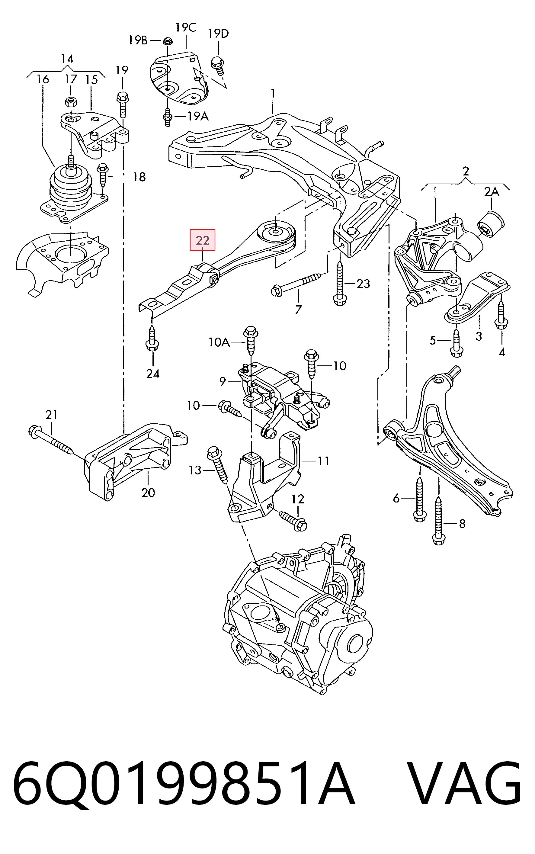 Soporte trasero del motor 6Q0199851A VAG