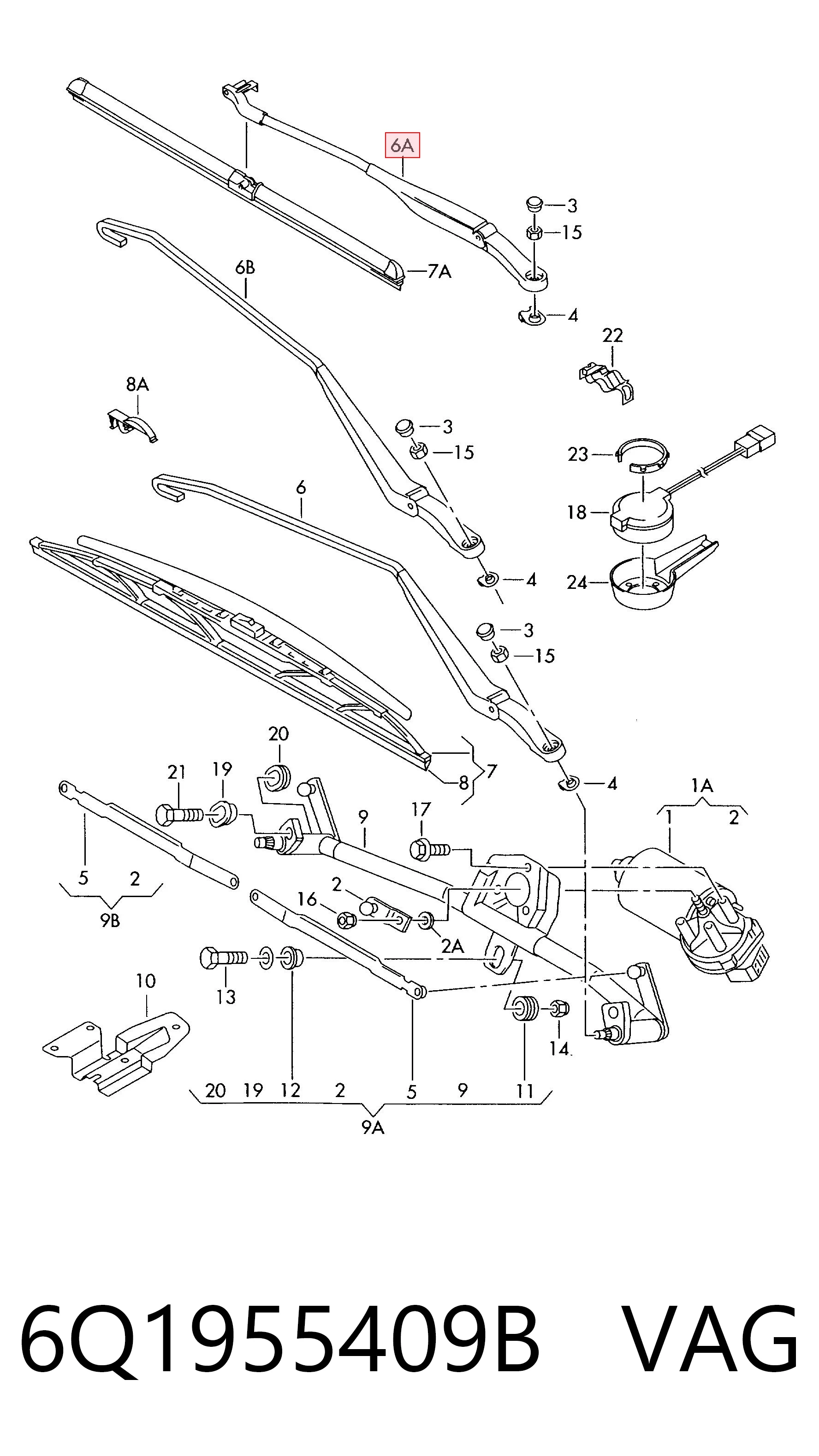 6Q1955409B VAG Brazo del limpiaparabrisas lavado de parabrisas