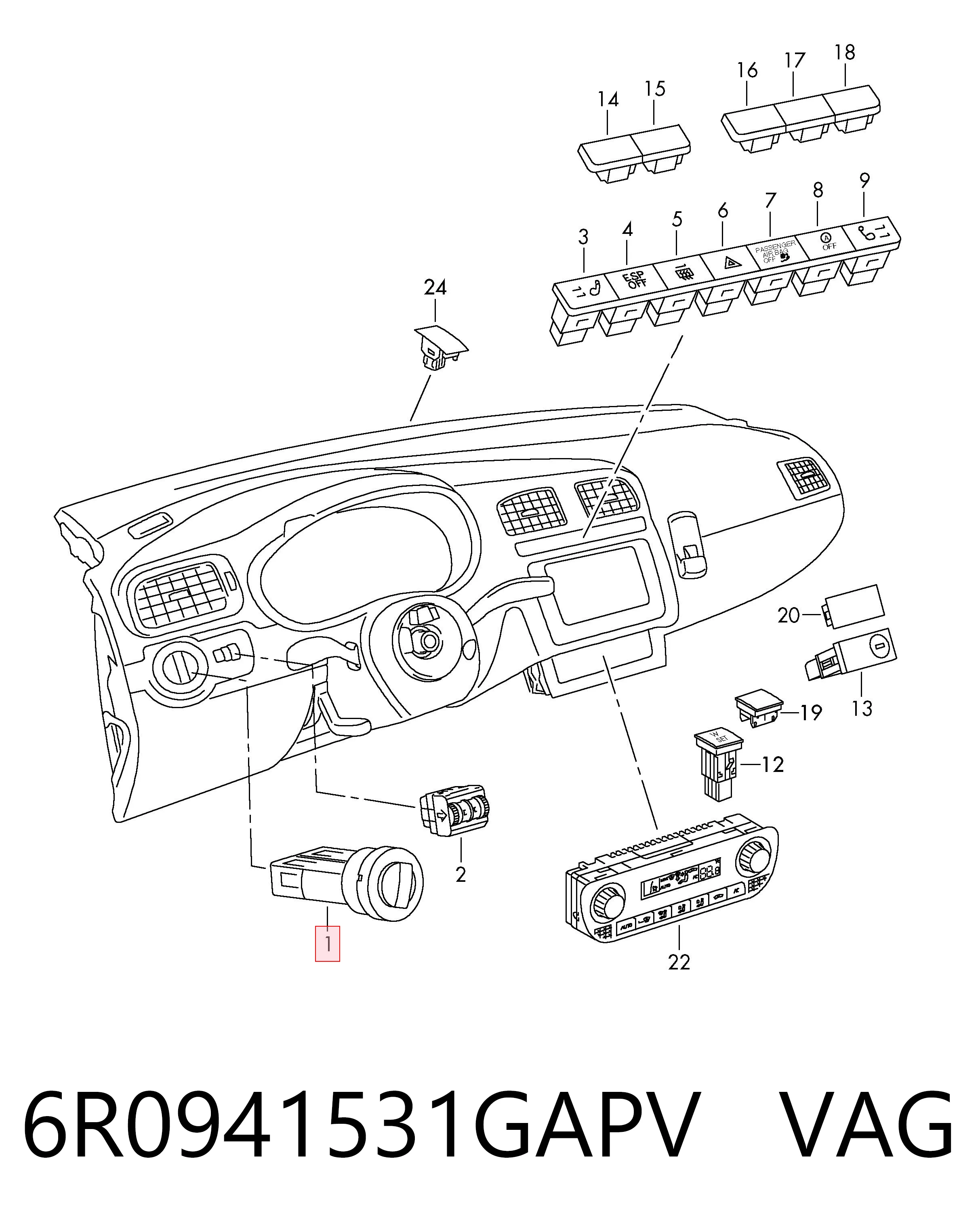 Interruptor de luces en el tablero VAG 6R0941531GAPV precio, desde 33,83 EUR