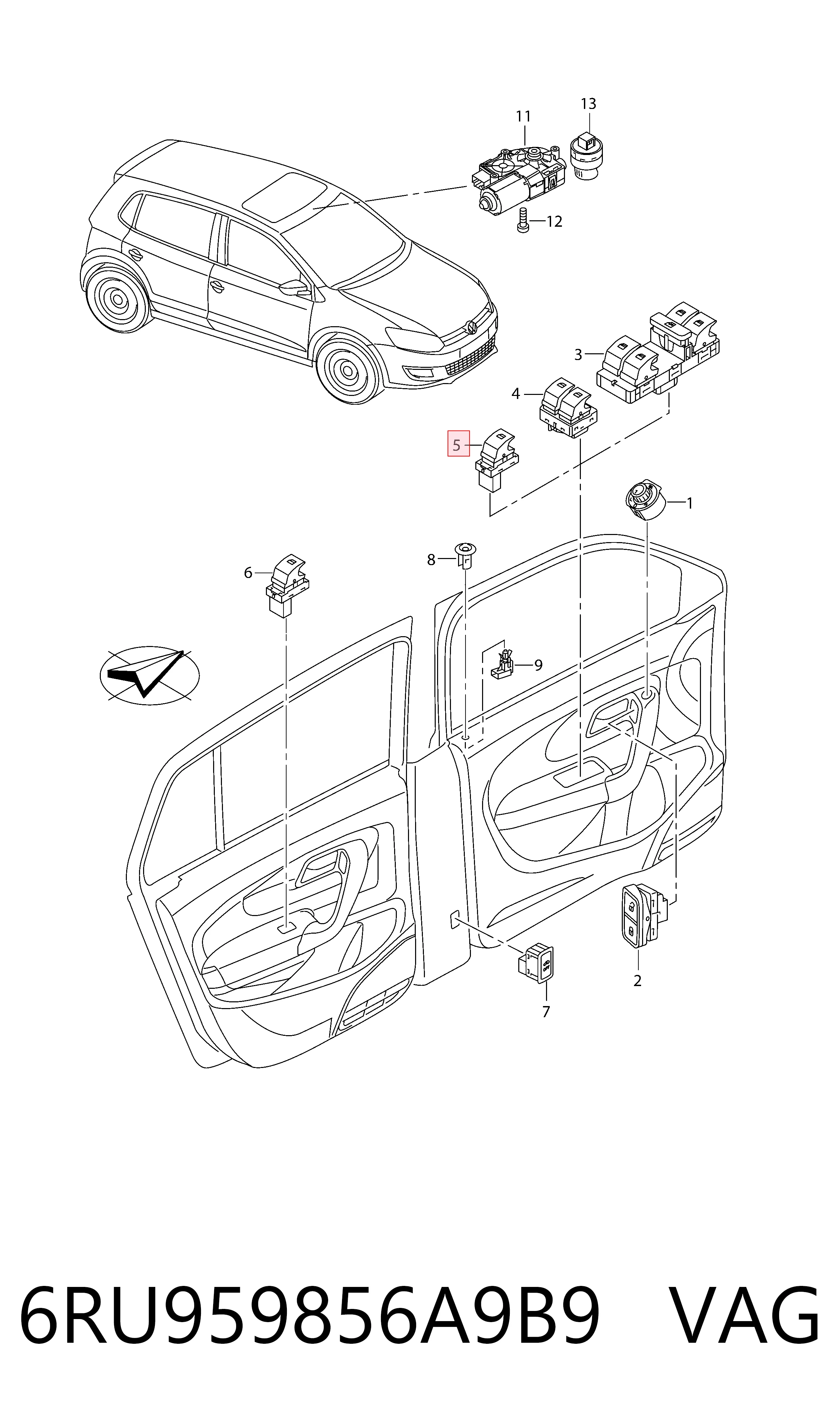 Comprar 6RU959856A9B9 VAG Botón de elevalunas delantero derecho