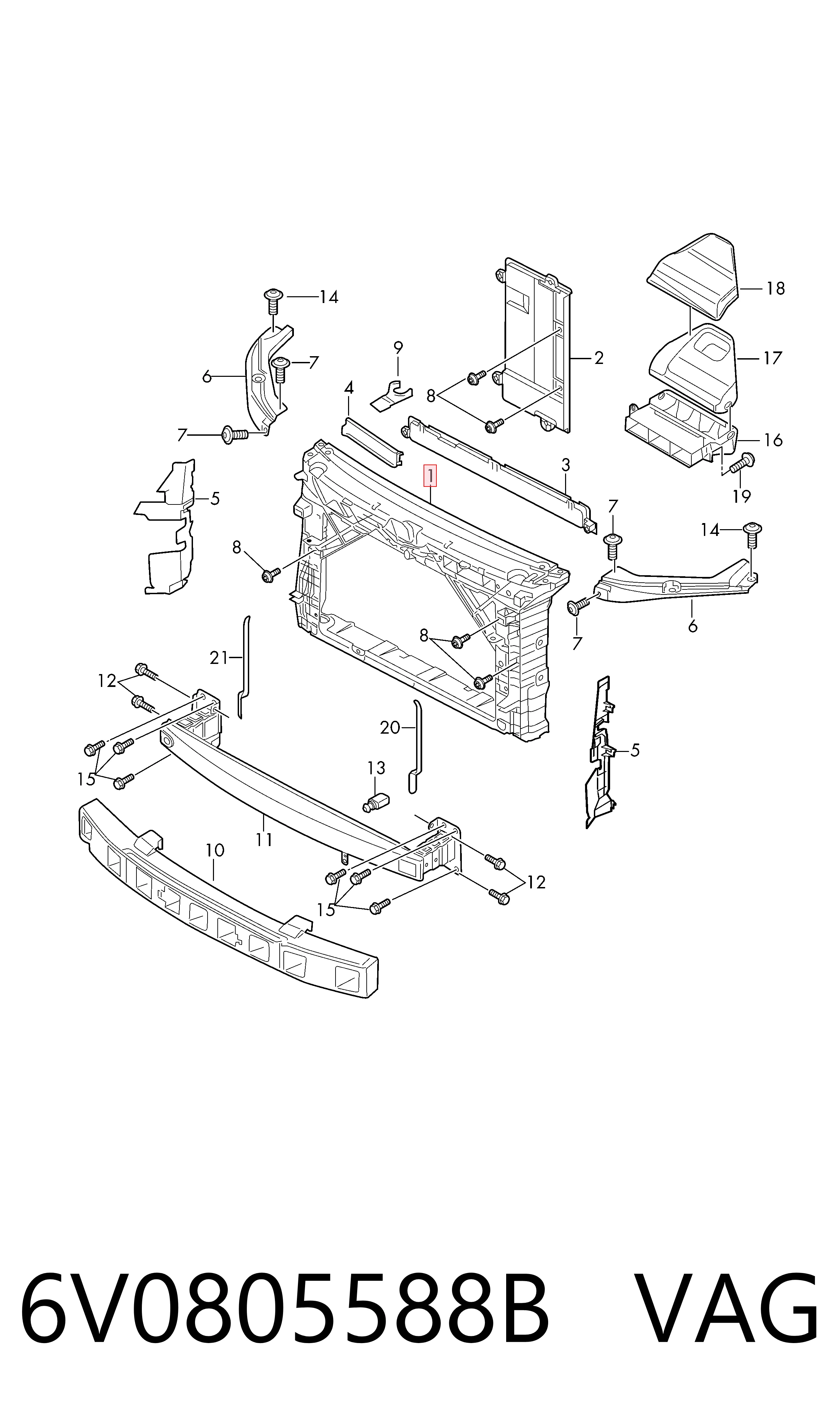6V0805588B VAG Soporte de radiador completo (panel de montaje para foco)