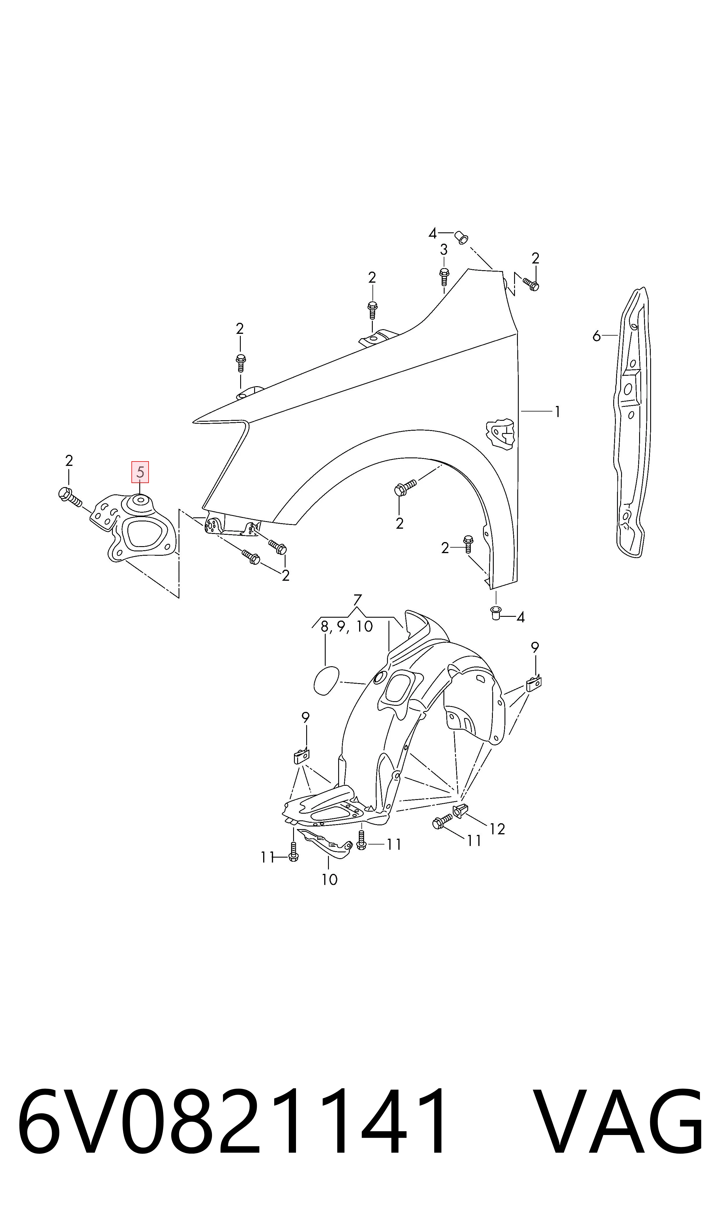 6V0821141 VAG Soporte delantero izquierdo para aleta delantera