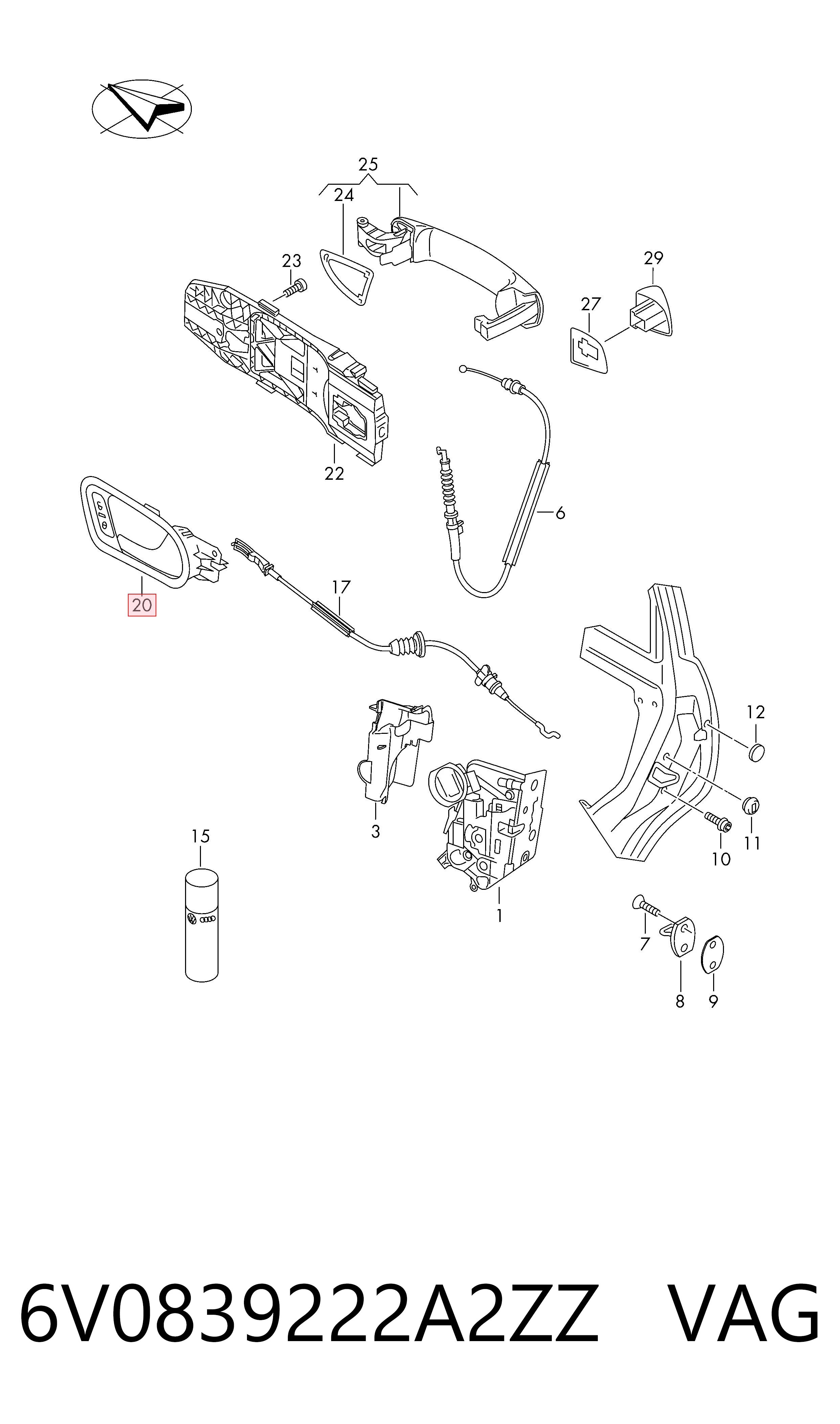 6V0839222A2ZZ VAG Manija interior derecha de puerta trasera