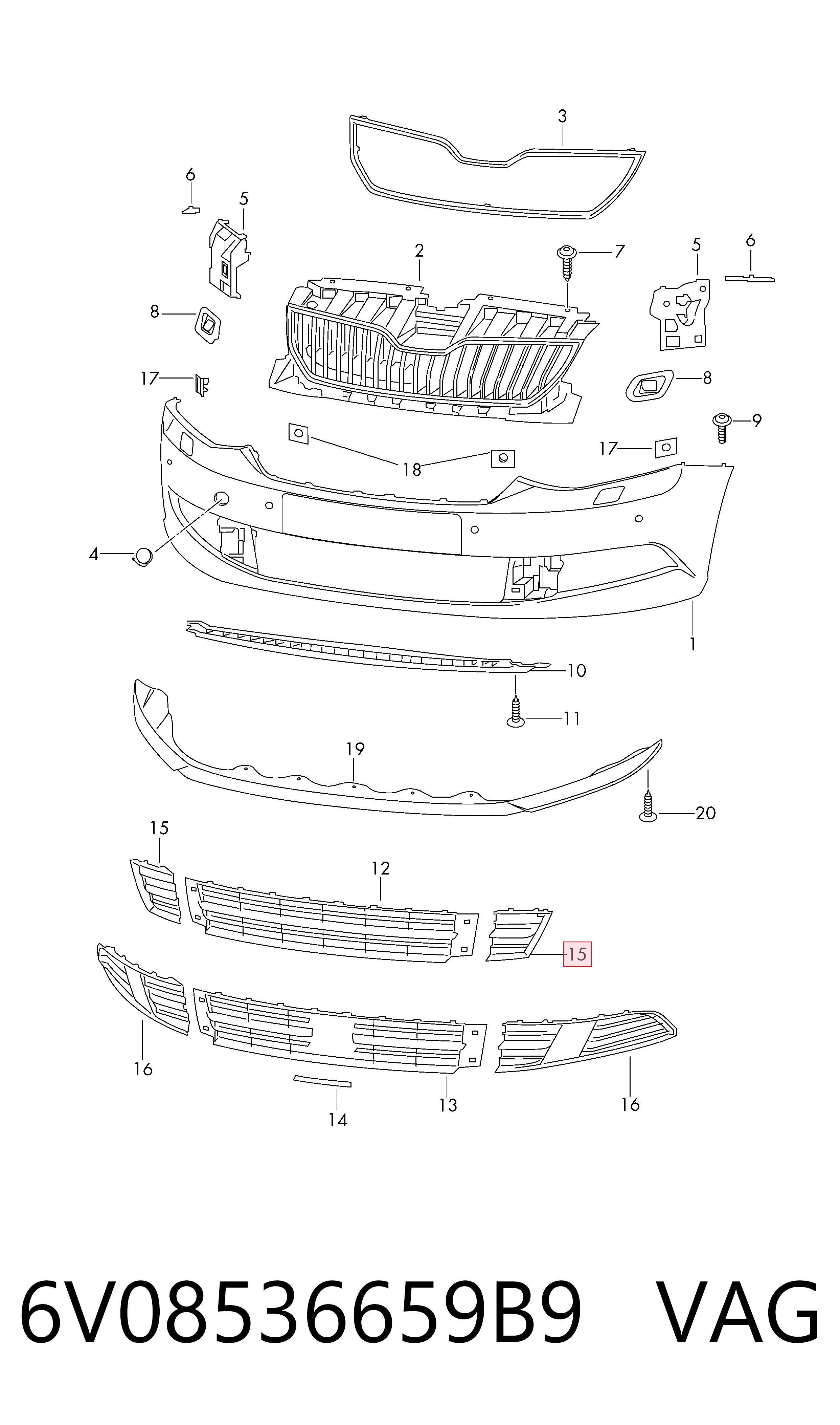 6V08536659B9 VAG Tapa de rejilla de faro antiniebla delantero izquierdo