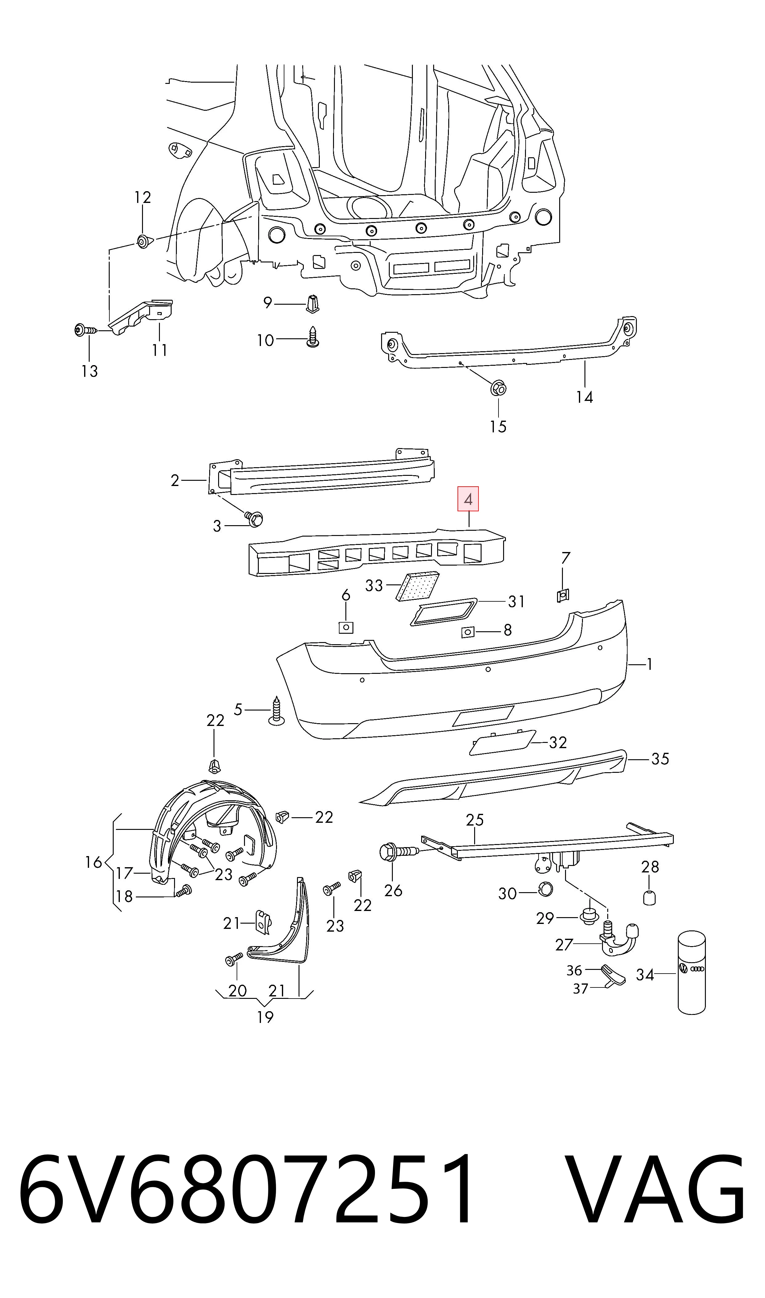 6V6807251 VAG Absorbente paragolpes trasero