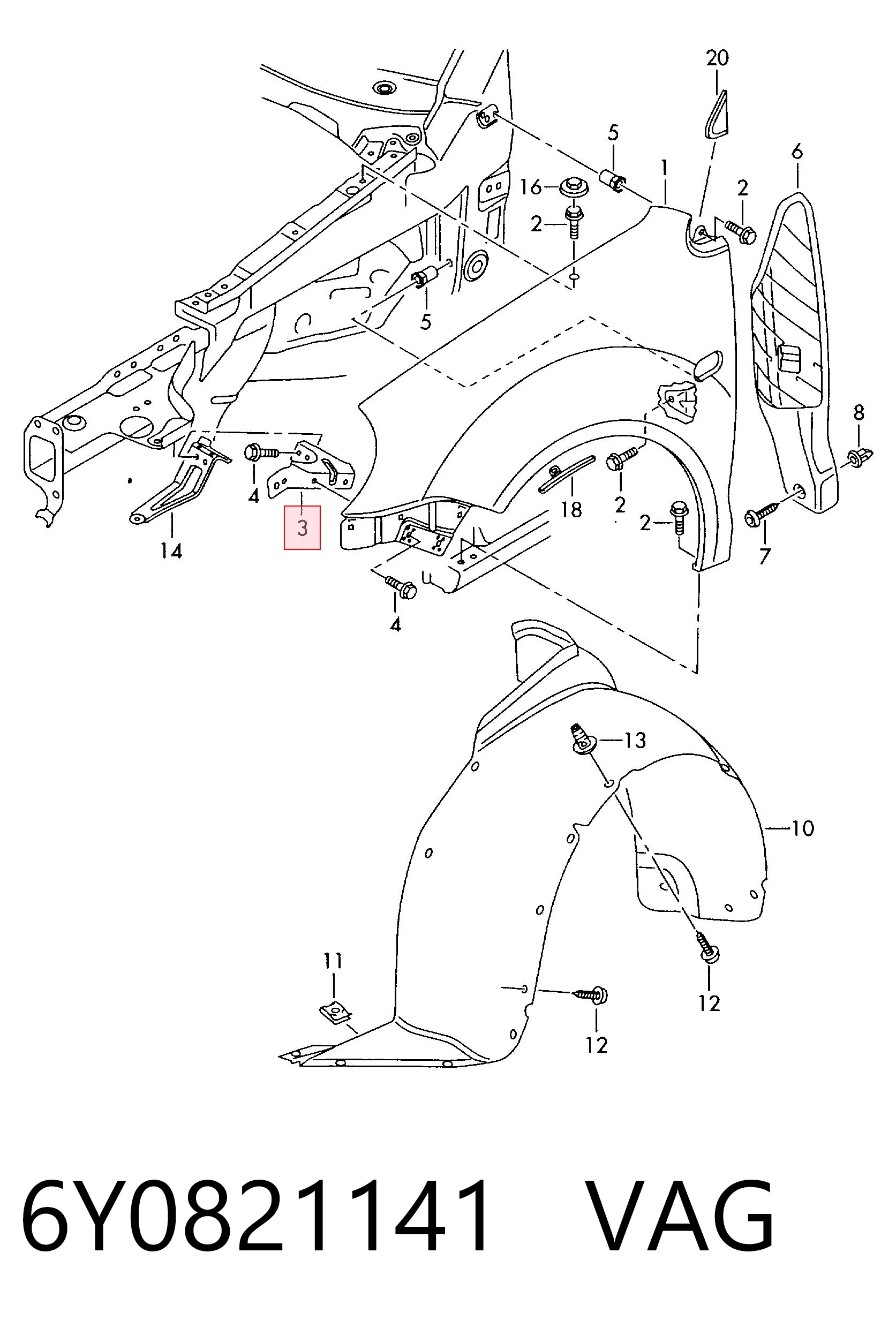 6Y0821141 VAG Soporte delantero izquierdo para aleta delantera