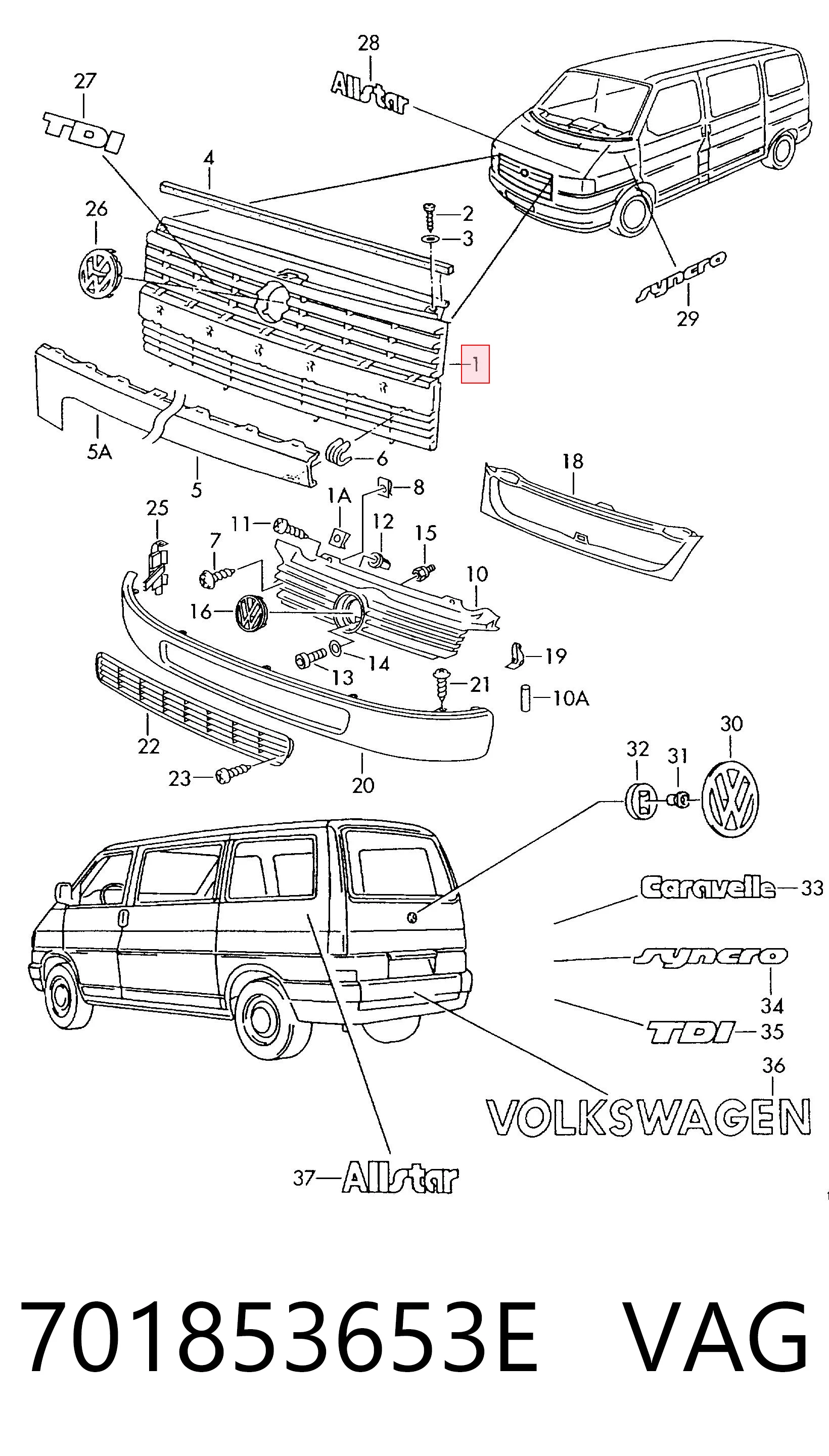 Comprar Parrilla Volkswagen Transporter T4 70A, 70H, 7DA, 7DH