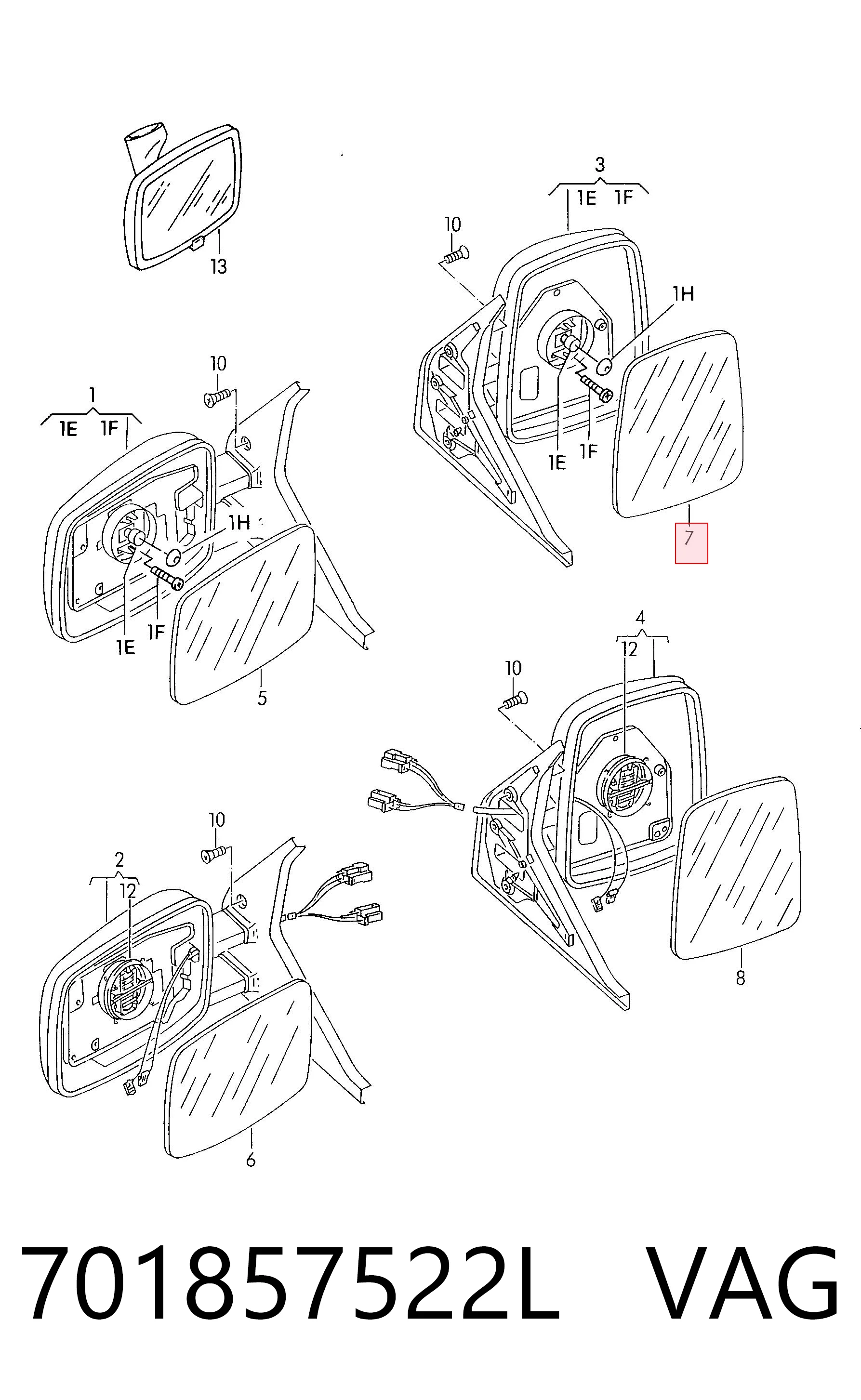 701857522L VAG Cristal de espejo retrovisor derecho