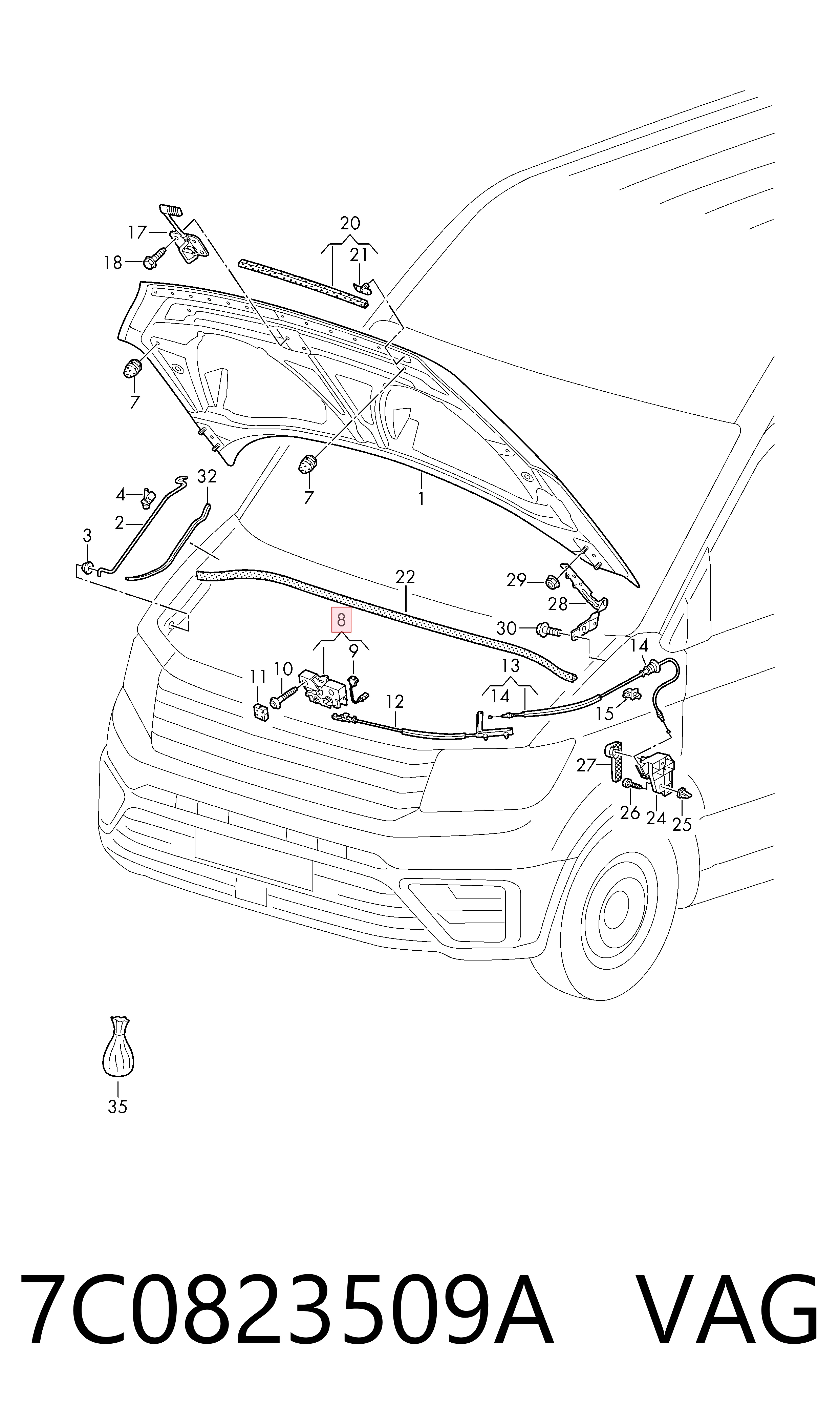 Cerradura del capó de motor Volkswagen Crafter  (SY, SX, SYB, SYC, SYD, SYM)