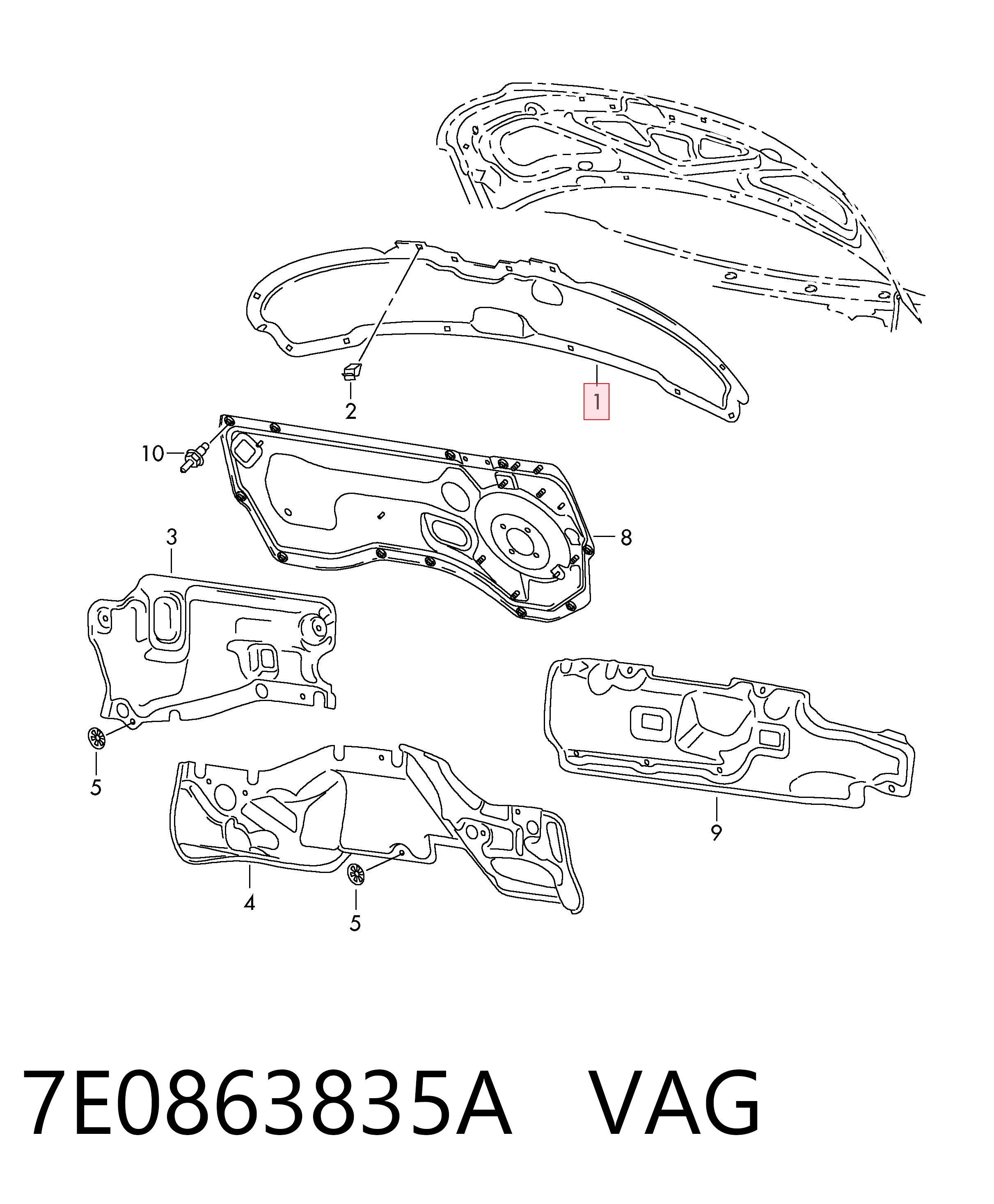 7E0863835A VAG Aislante de capó de motor