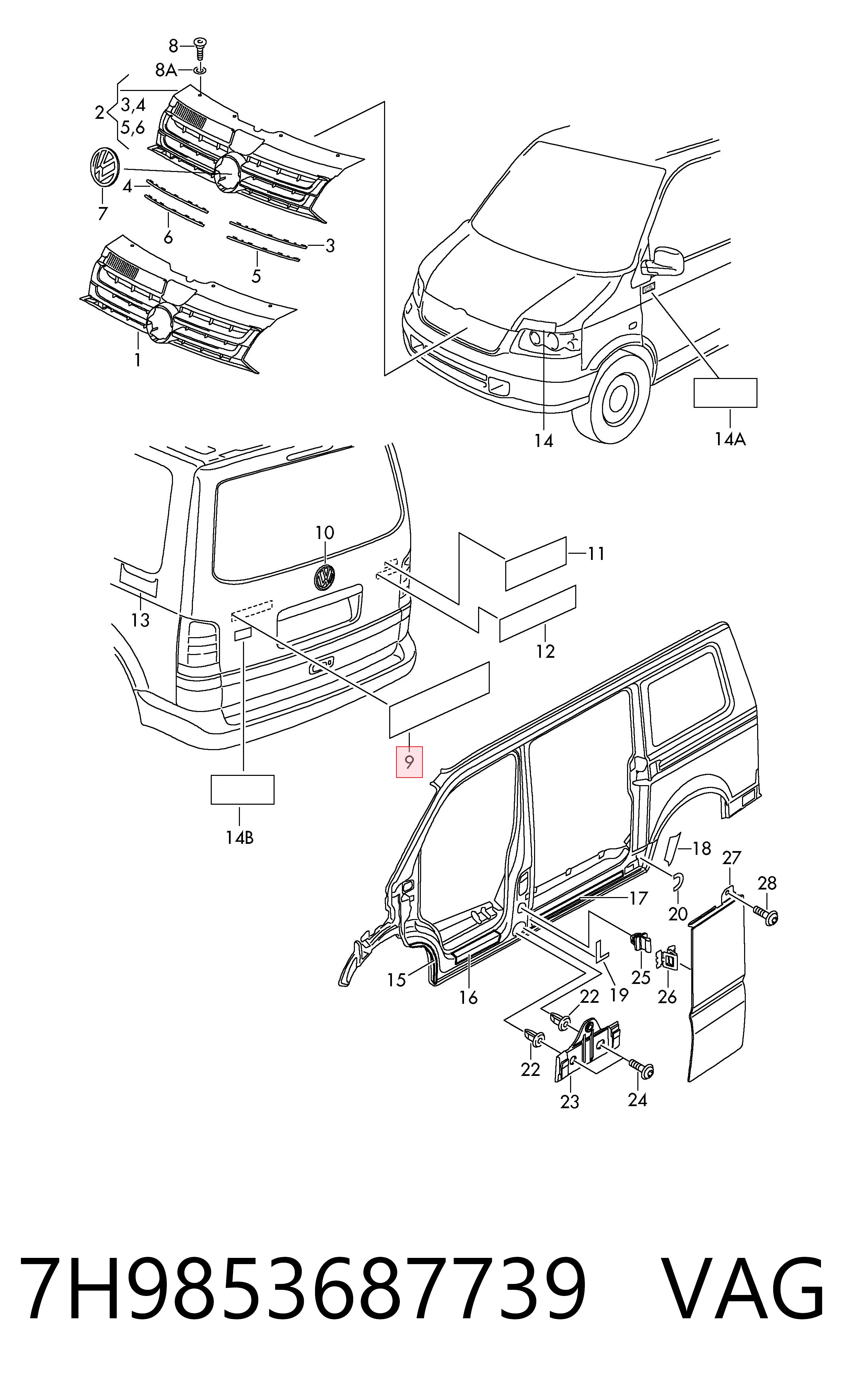 Logotipo de tapa de maletero para Volkswagen Multivan T5 7HM, 7HN, 7HF, 7EF, 7EM, 7EN