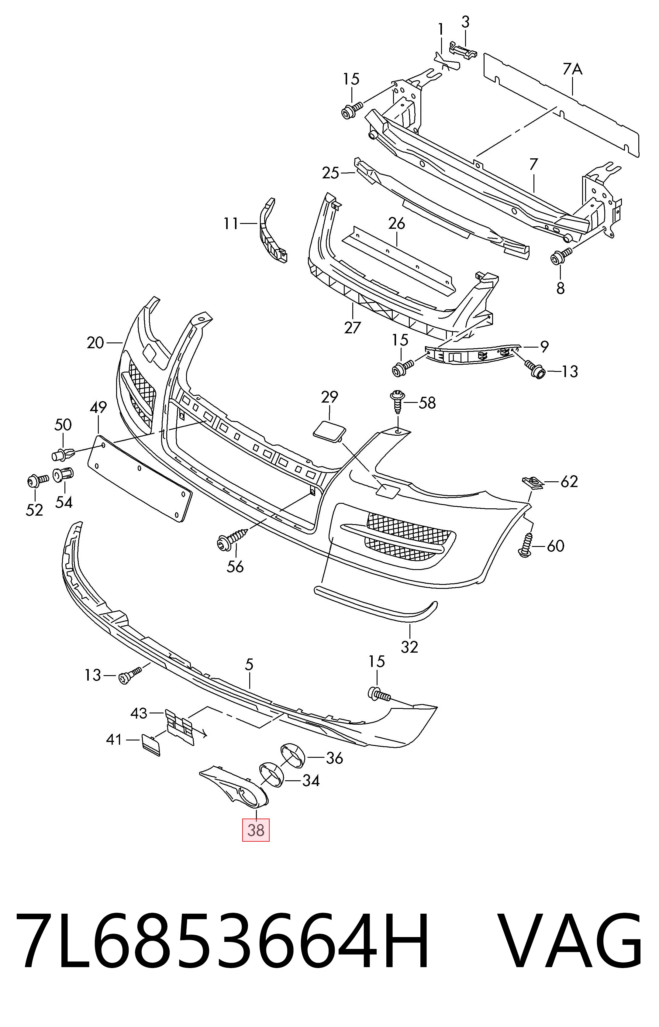 7L6853664H VAG Tapa de rejilla de faro antiniebla delantero derecho
