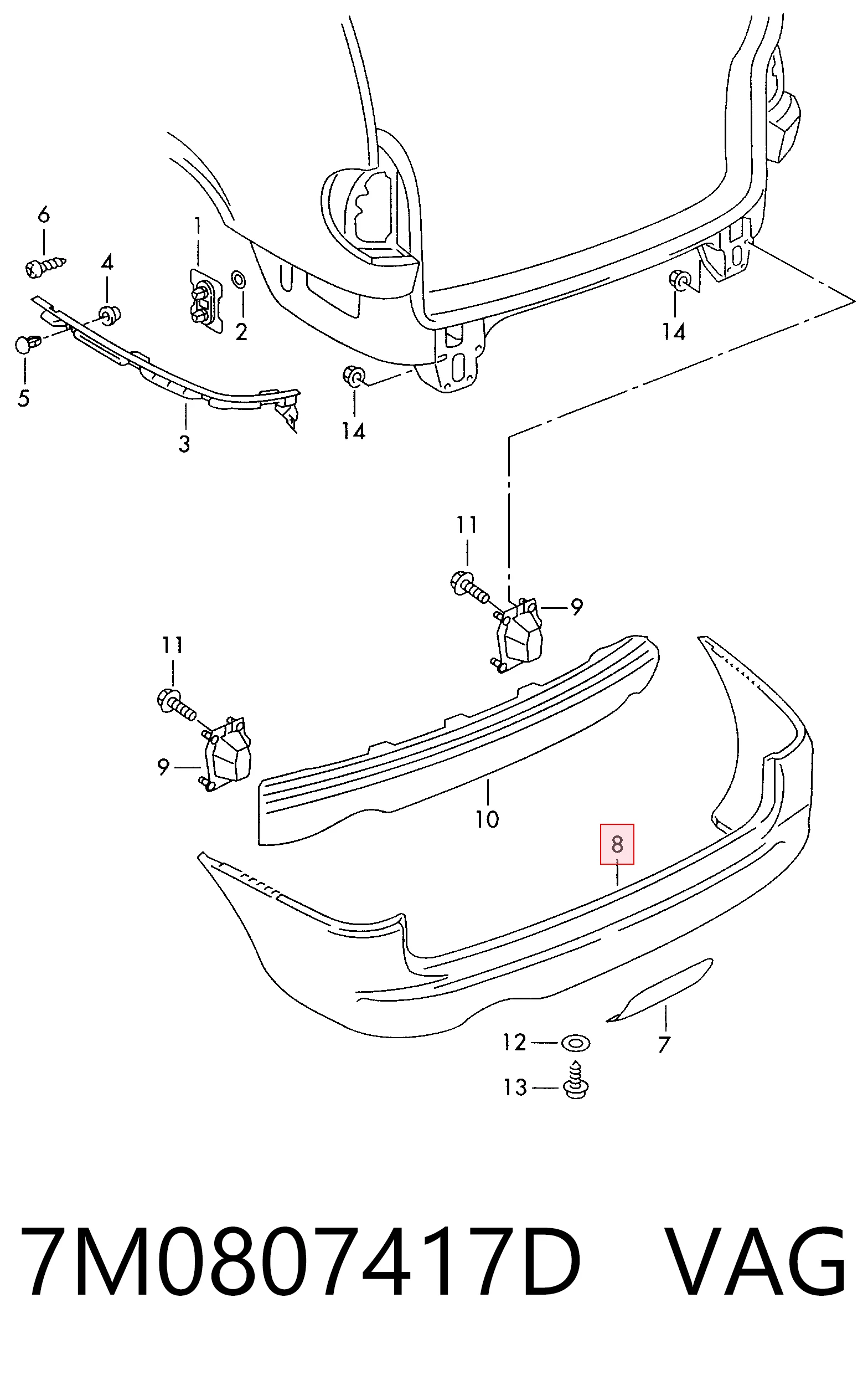 Defensa trasero para Volkswagen Sharan I 7M8, 7M9, 7M6