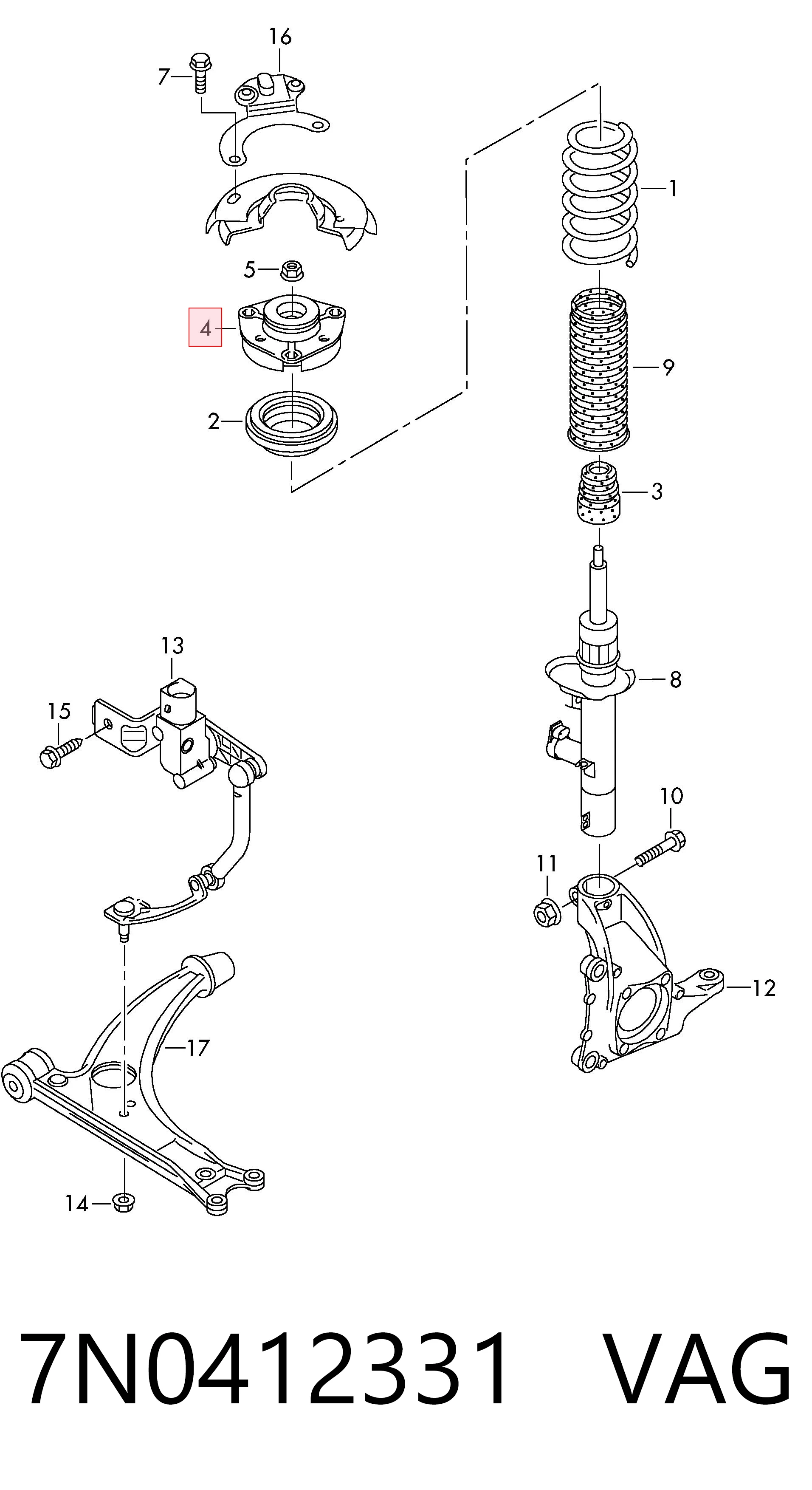 7N0412331 VAG Soporte del amortiguador delantero