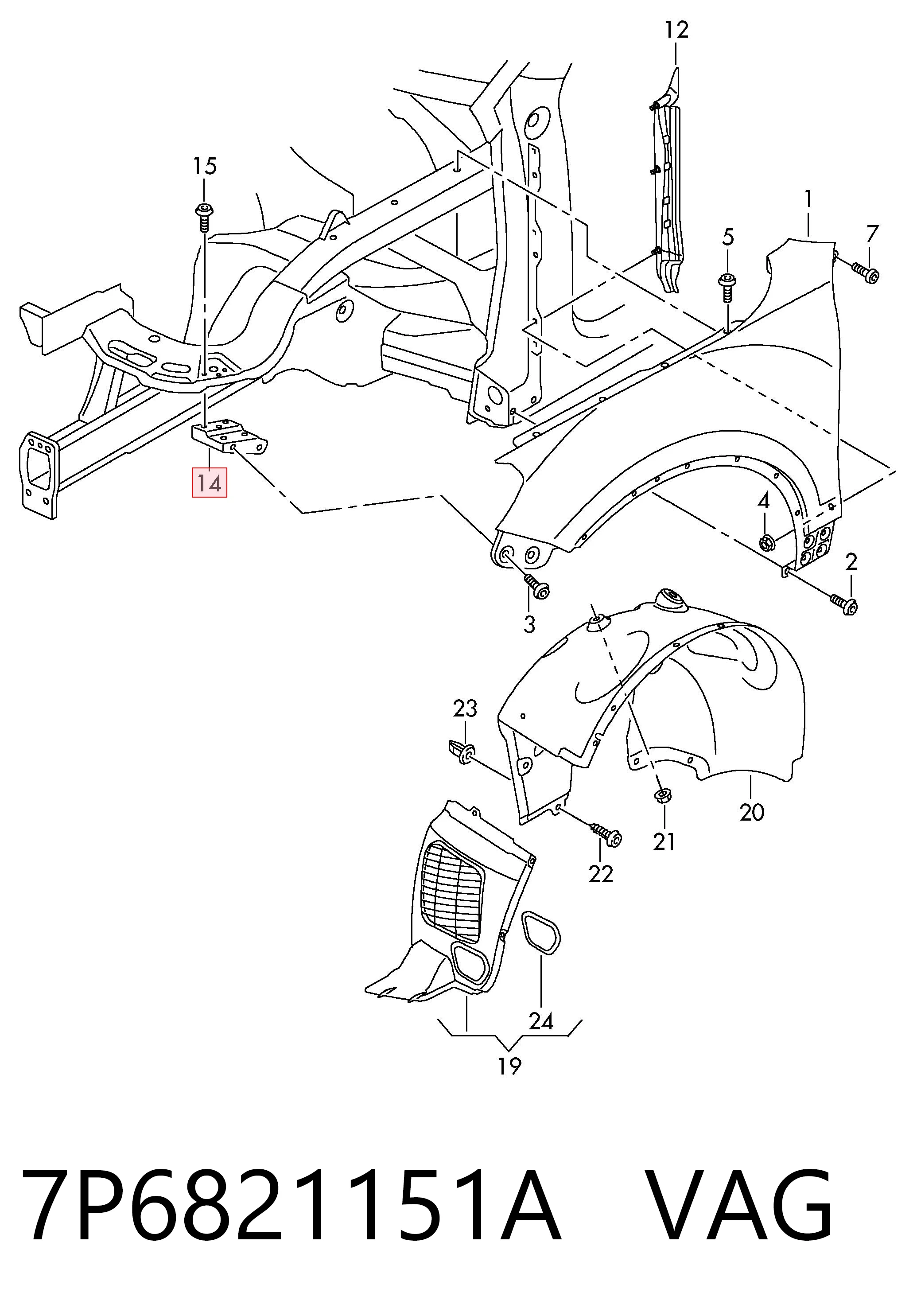 7P6821151A VAG Soporte delantero izquierdo para aleta delantera