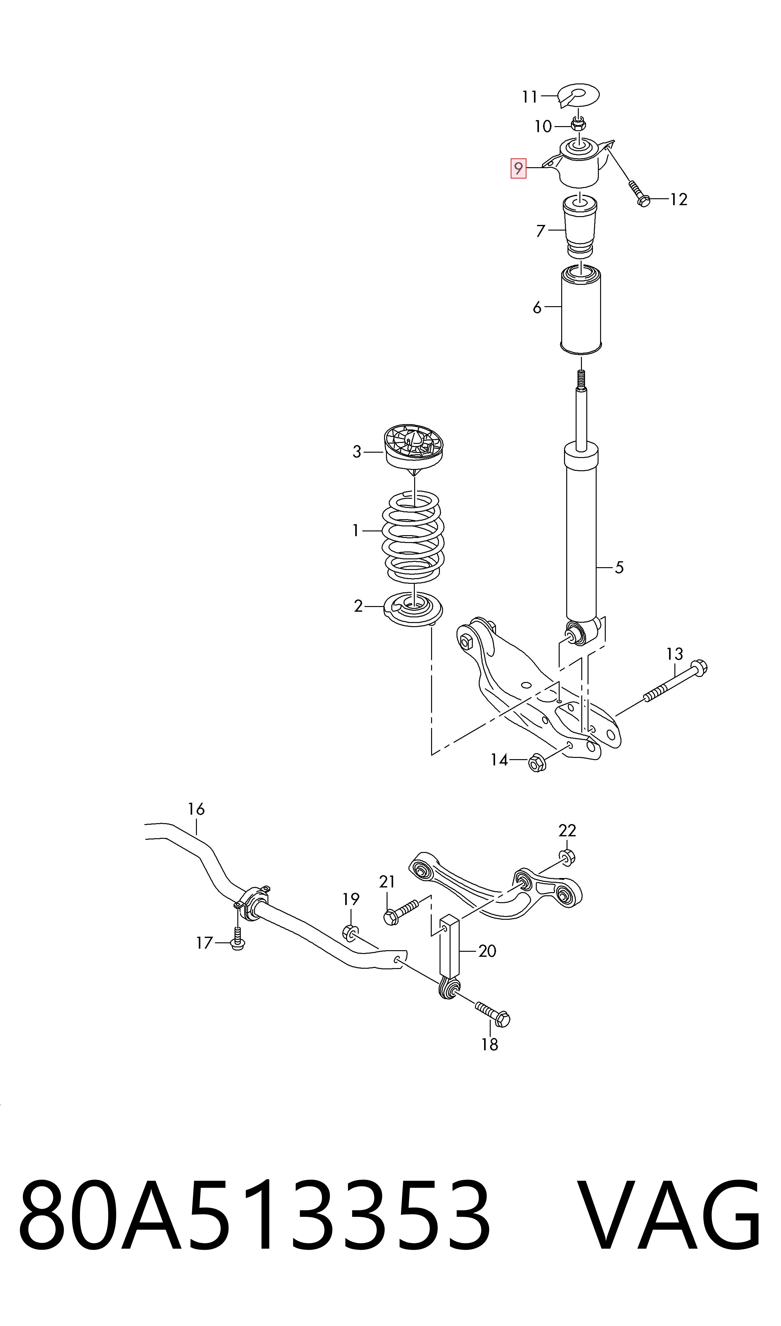 80A513353 VAG Soporte amortiguador trasero