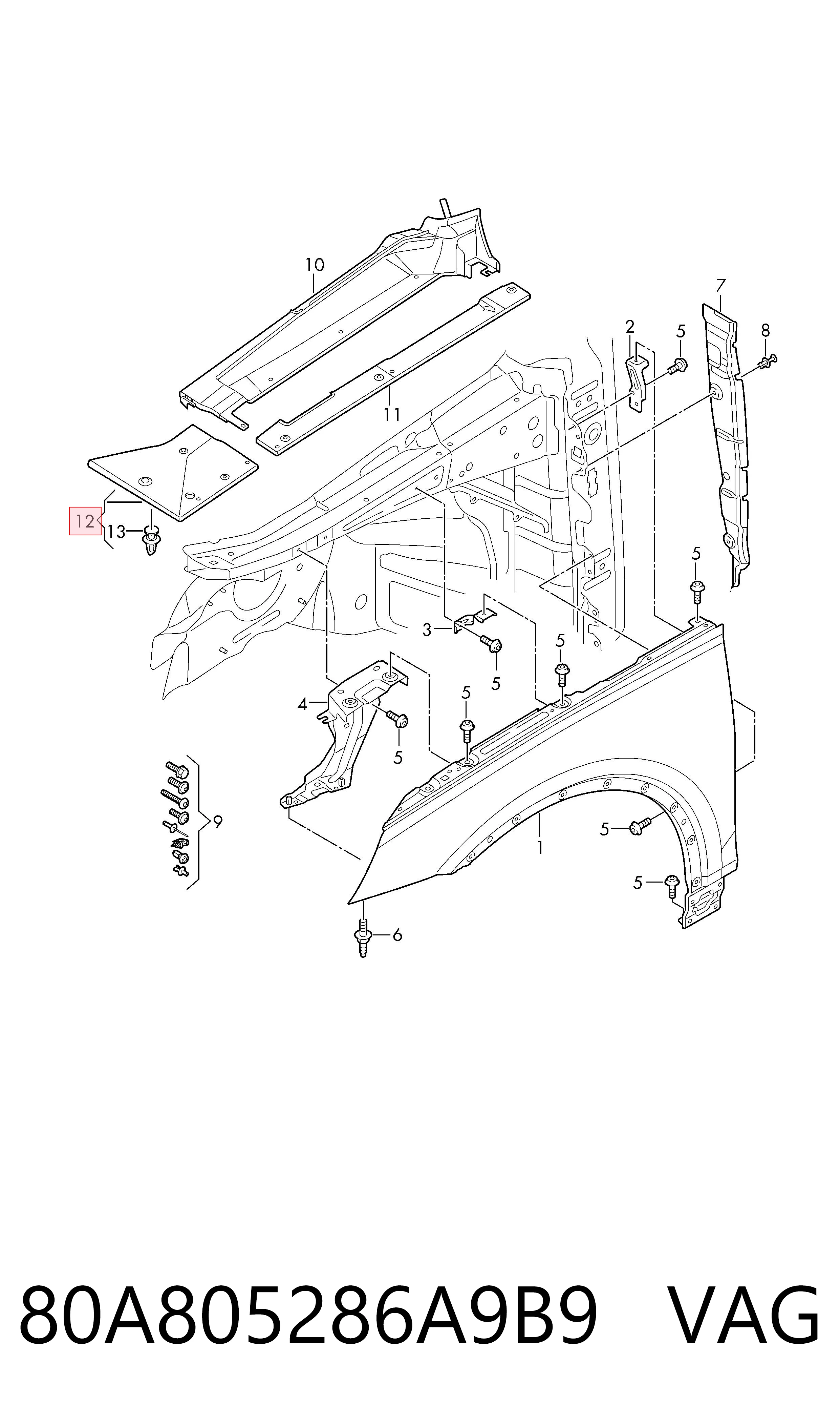 Comprar 80A805286A9B9 VAG Sellado de guardabarros