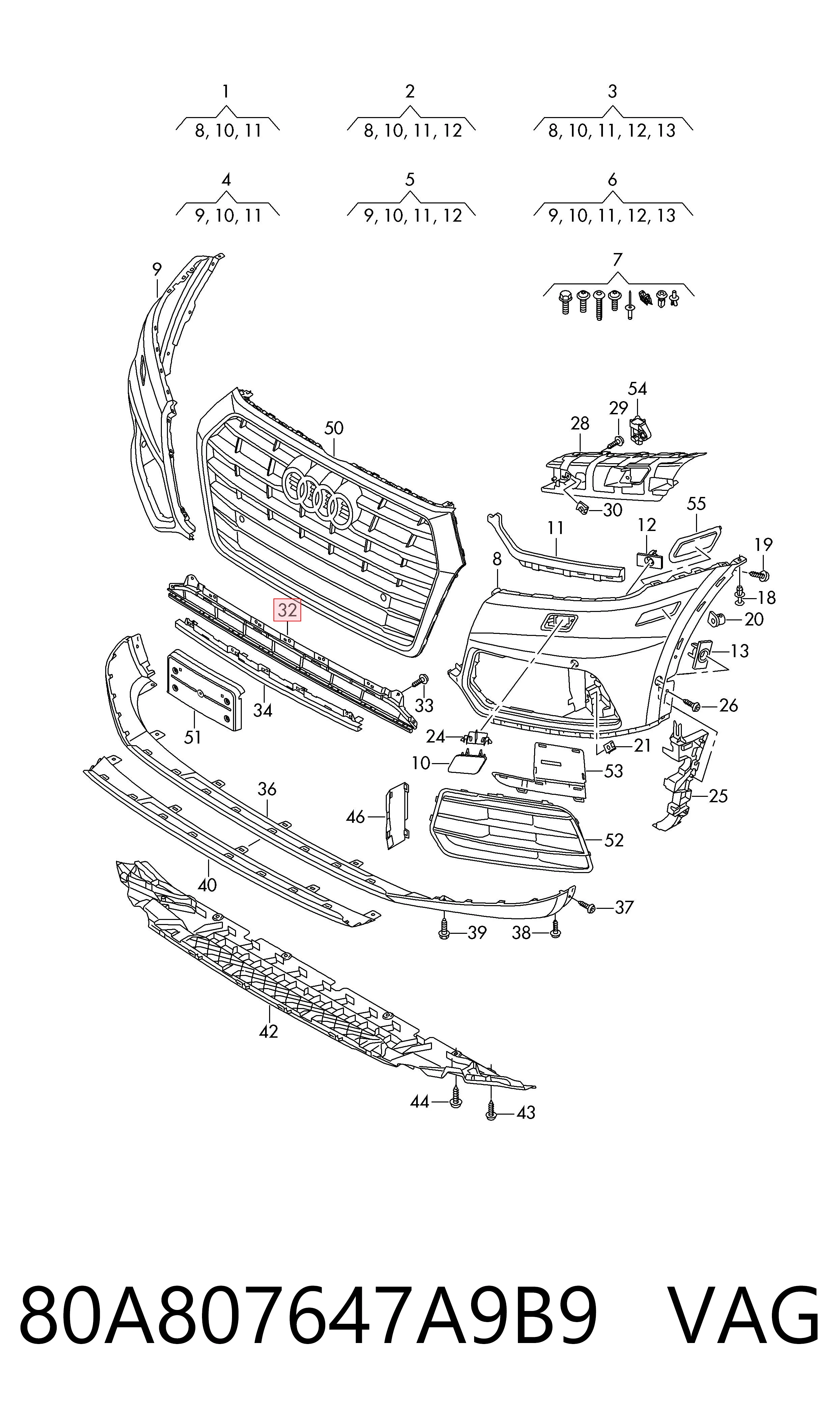 Comprar 80A807647A9B9 VAG Rejilla central del parachoques delantero