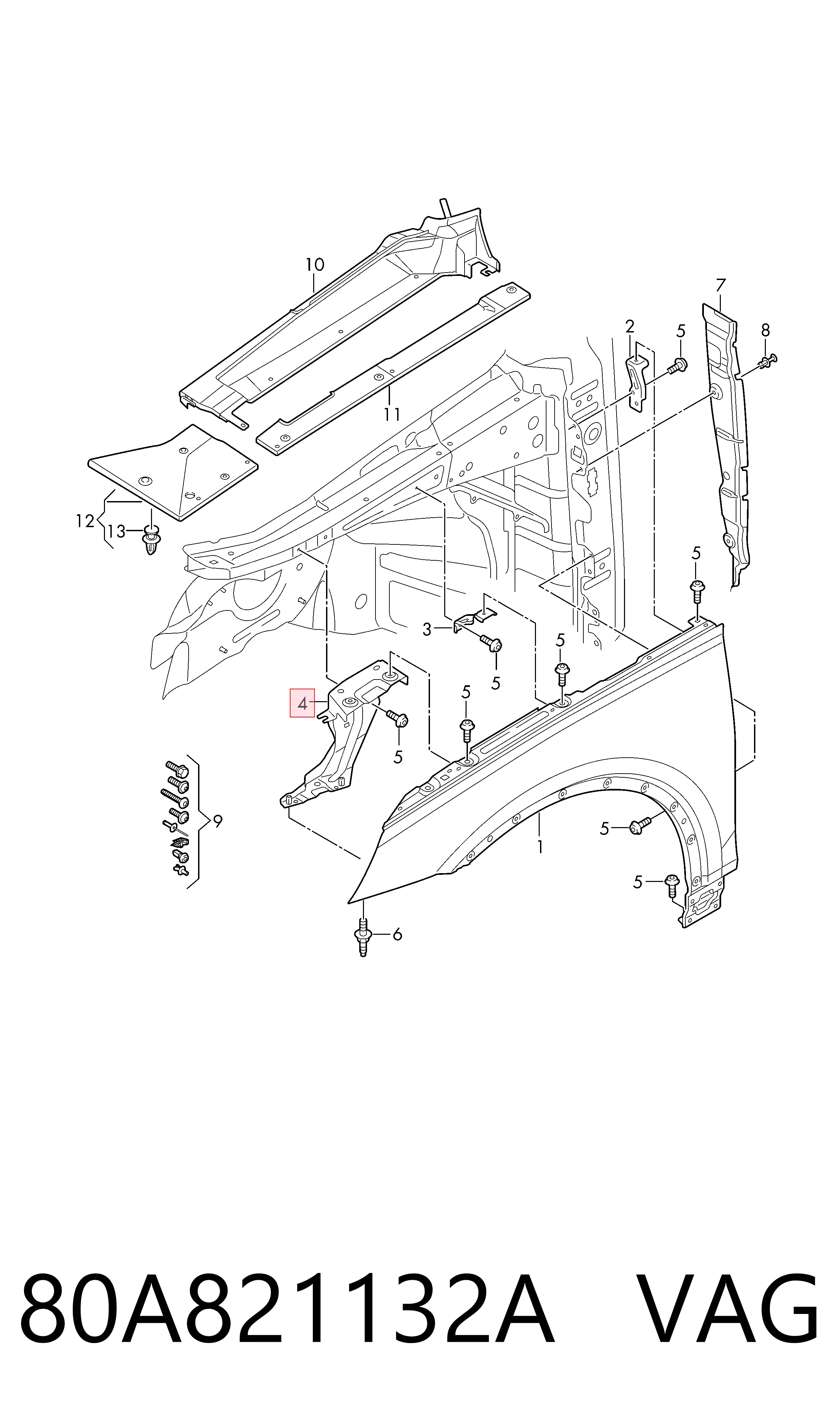 80A821132A VAG Soporte delantero de guardabarros delantero derecho