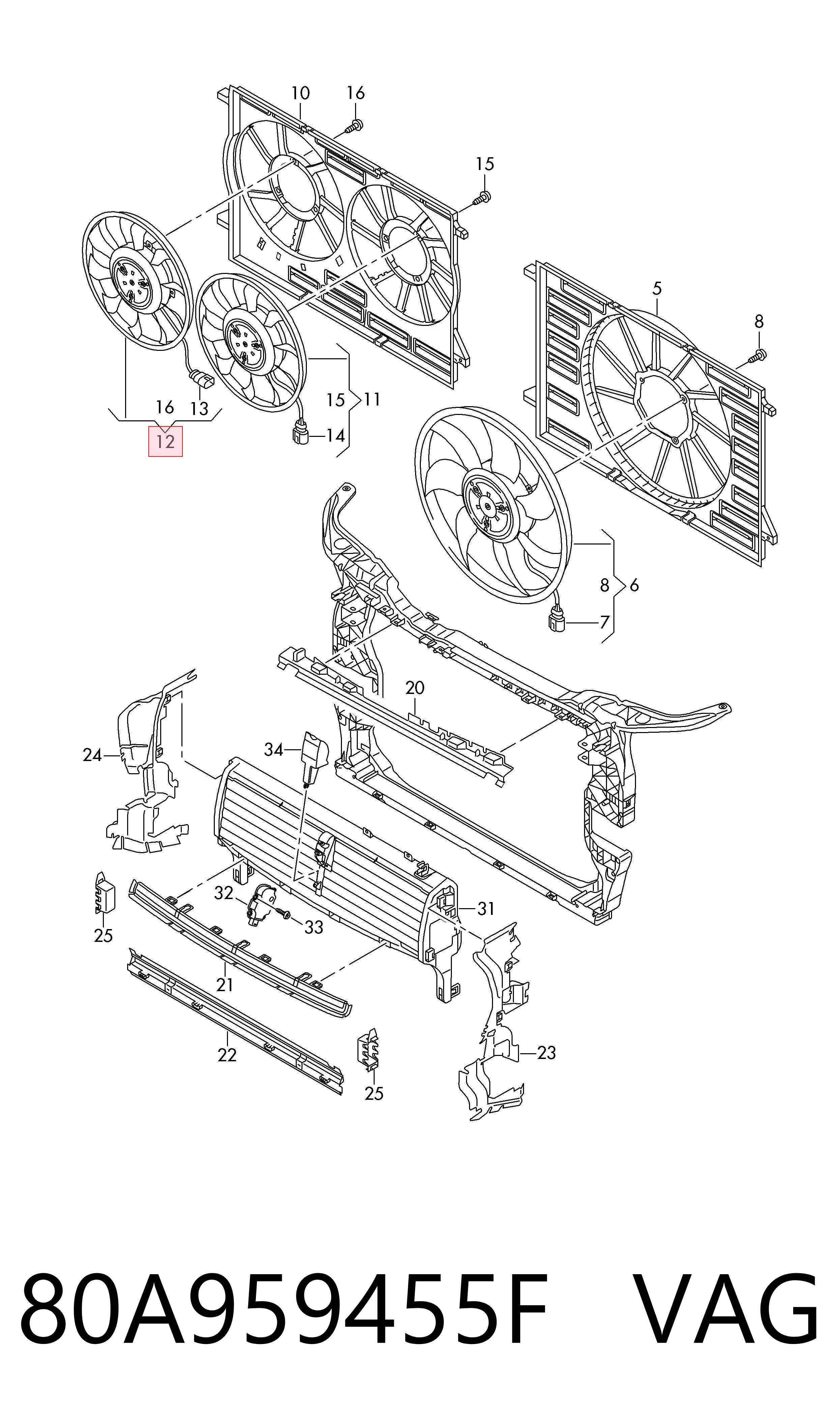80A959455F VAG Ventilador de refrigeración completo derecho (motor y hélice)