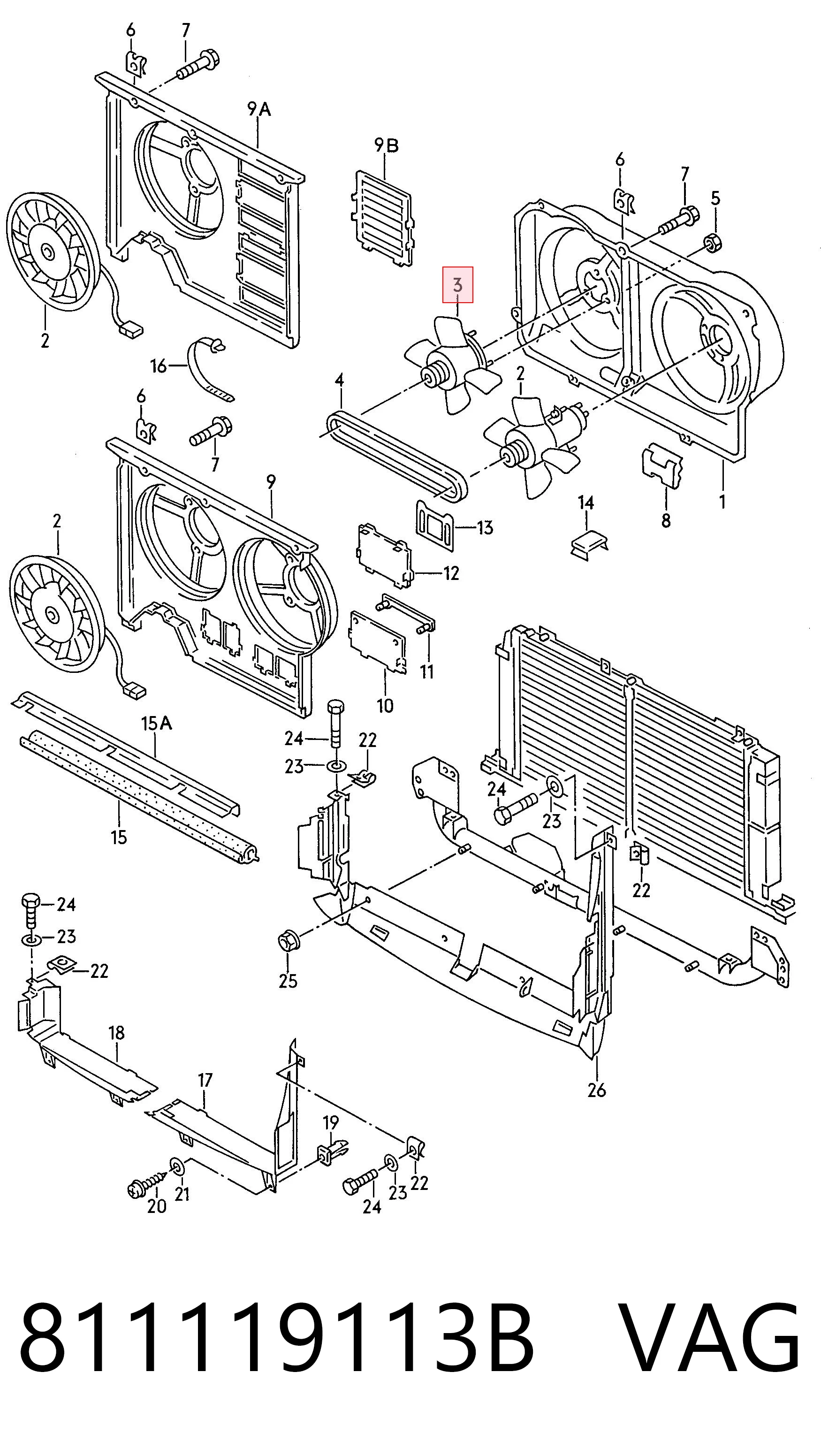 Ventilador de refrigeración completo derecho (motor y hélice) 811119113B VAG