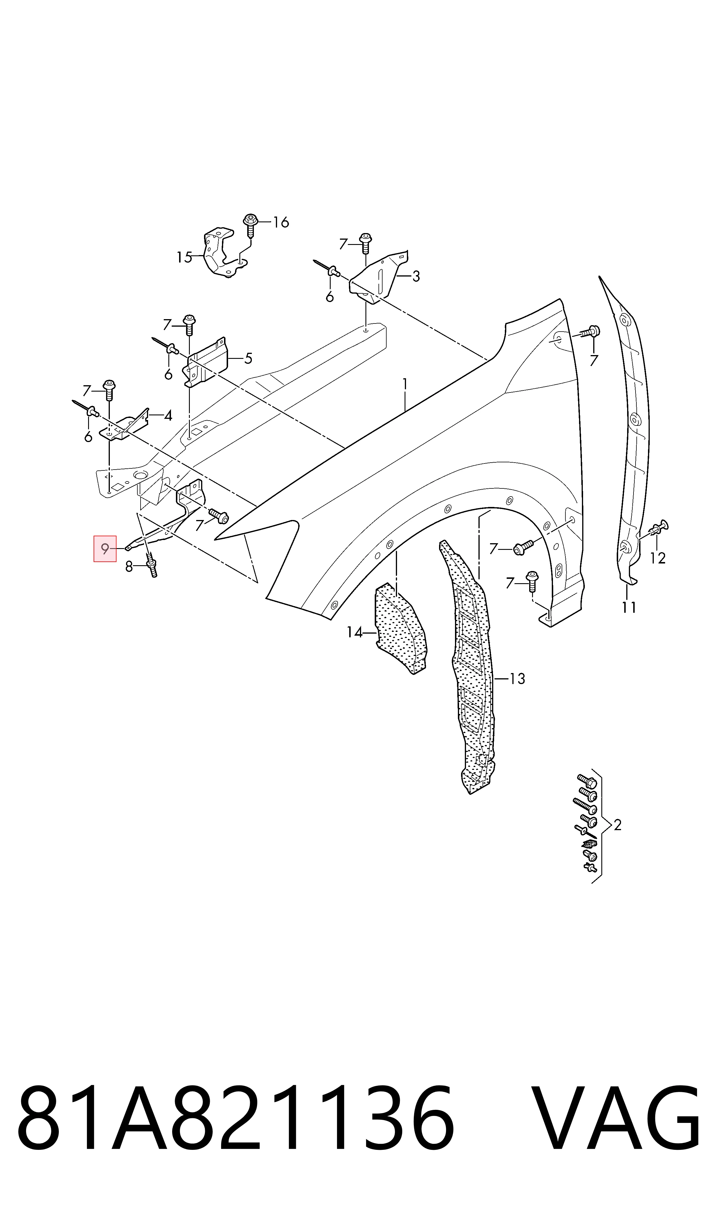 81A821136 VAG Soporte delantero de guardabarros delantero derecho