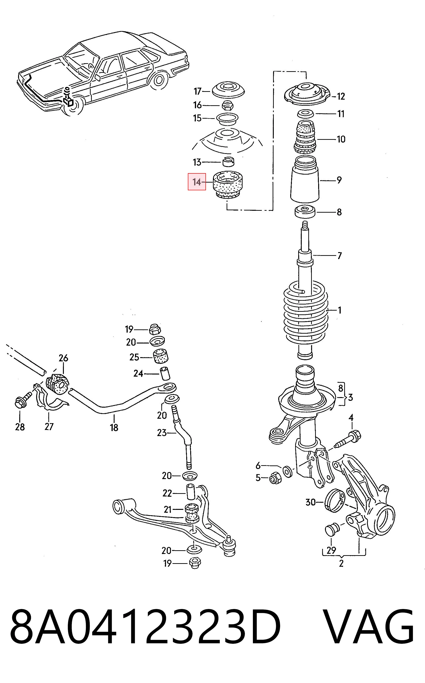 8A0412323D VAG Soporte del amortiguador delantero