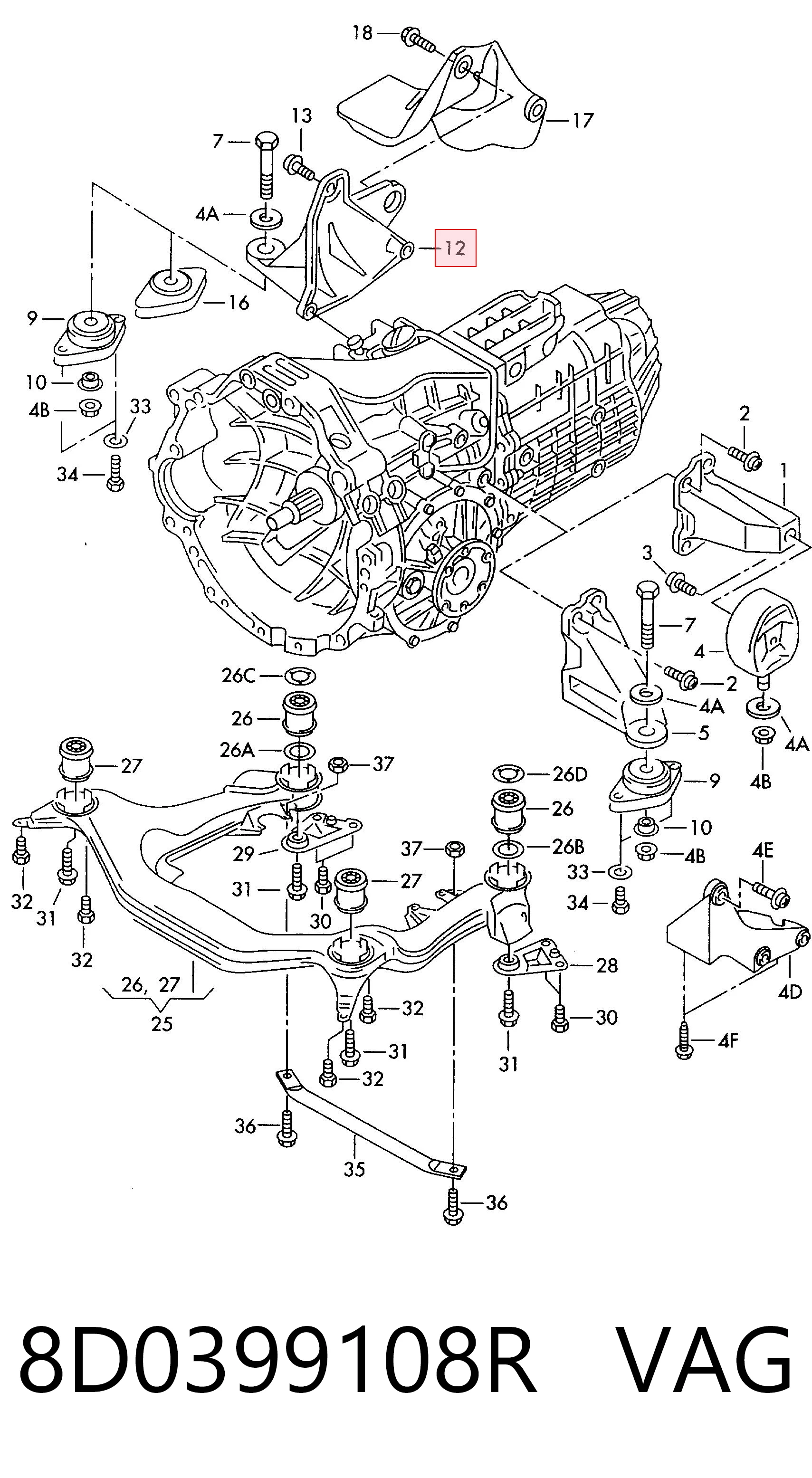 8D0399108R VAG Soporte derecho de la caja de cambios
