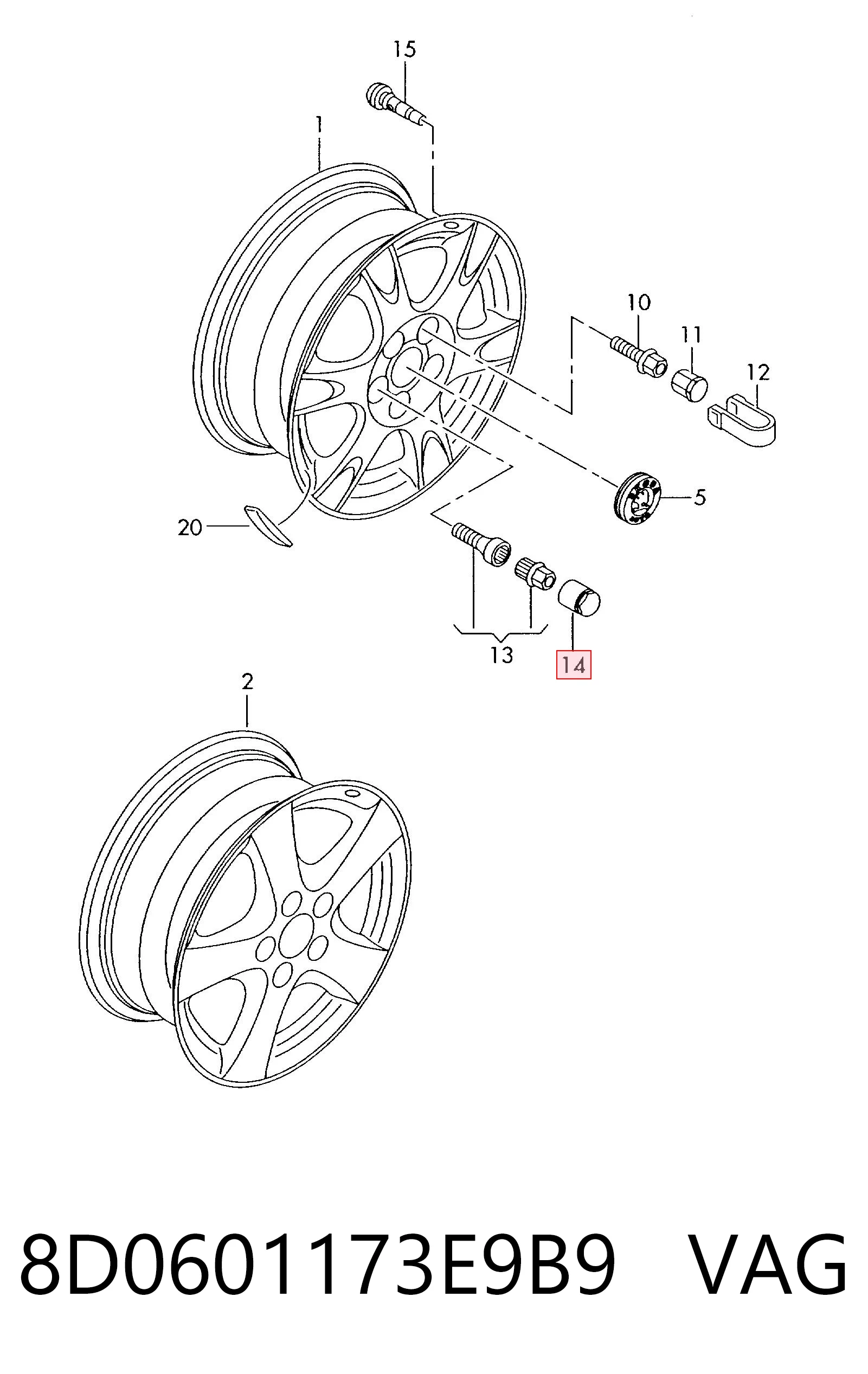 8D0601173E9B9 VAG Tapón de tuerca de rueda
