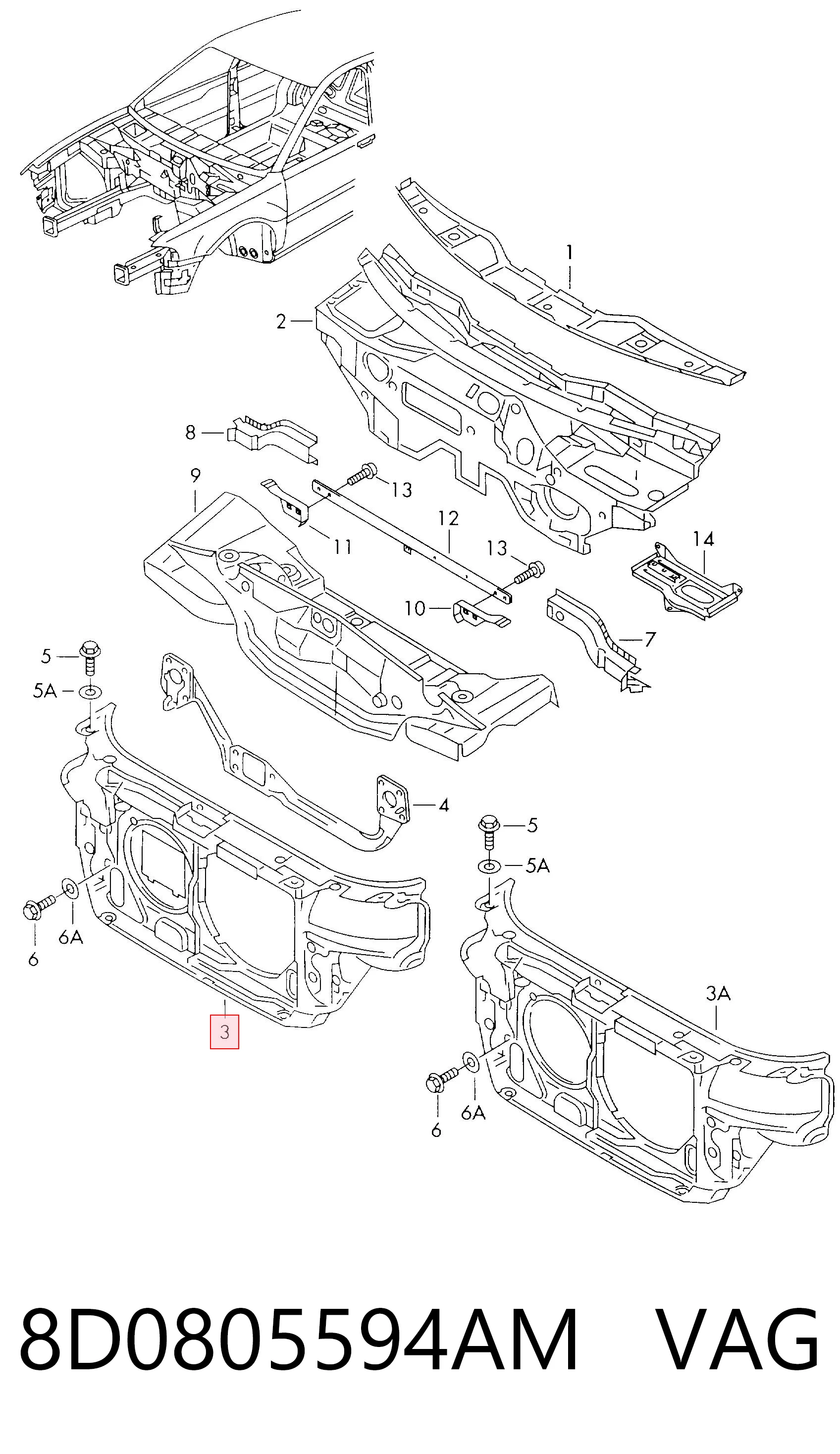 Soporte de radiador completo (panel de montaje para foco) Audi A4  (1994-2001)