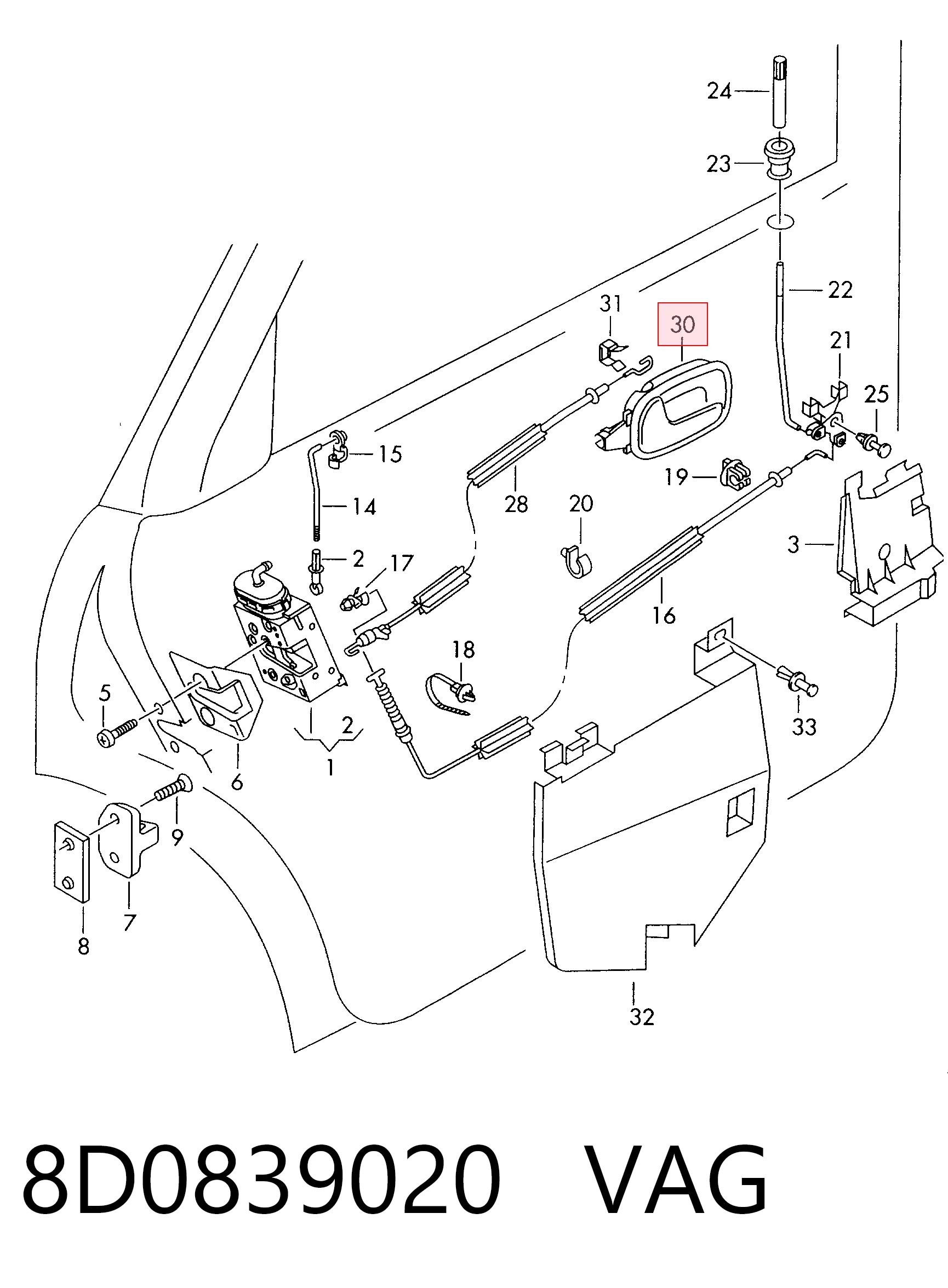 8D0839020 VAG Manija interior derecha de puerta trasera