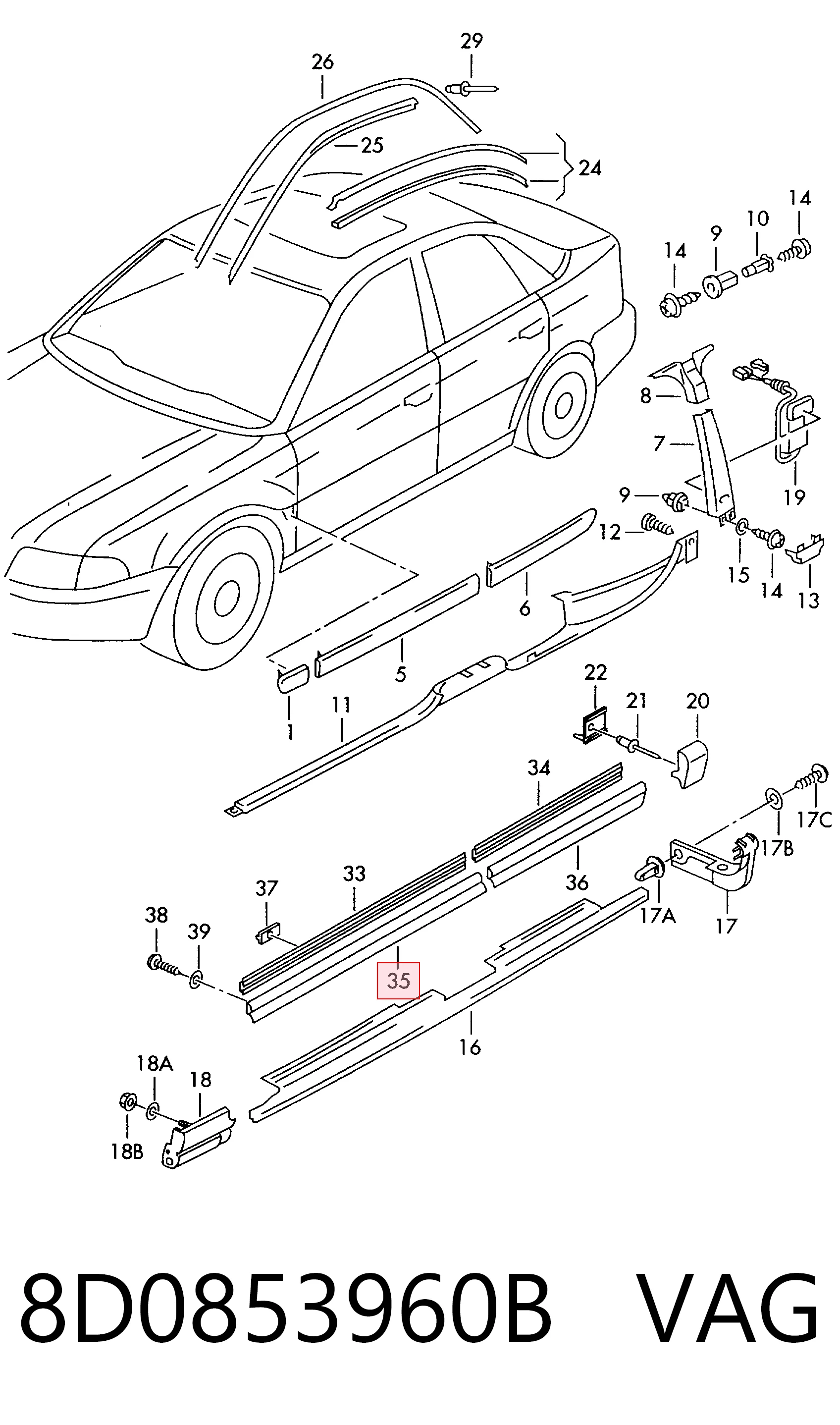 8D0853960B VAG Moldura inferior de puerta delantera derecha