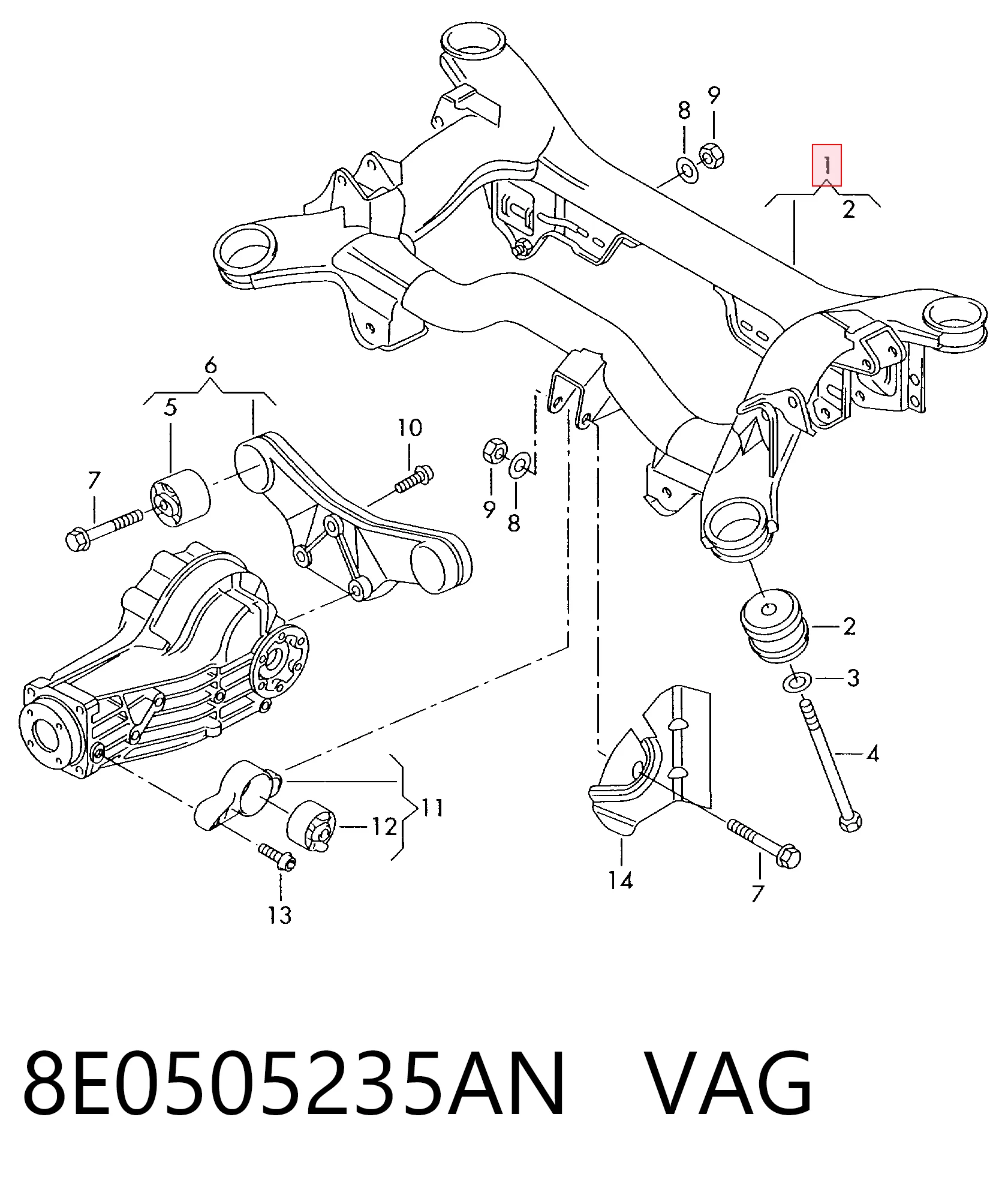 Subchasis trasero soporte motor 8E0505235AN VAG