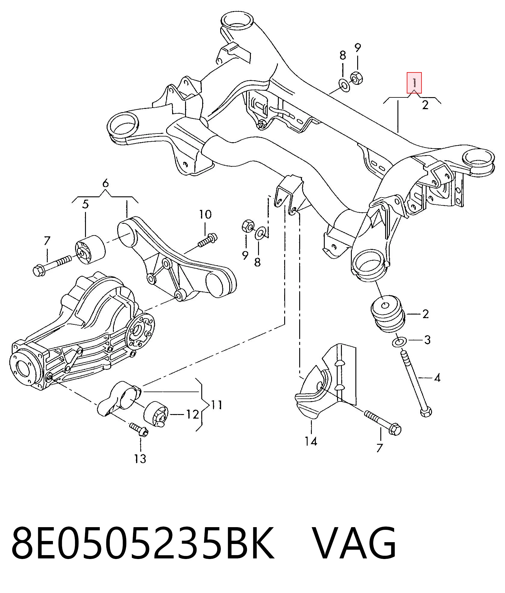 Subchasis trasero soporte motor 8E0505235BK VAG