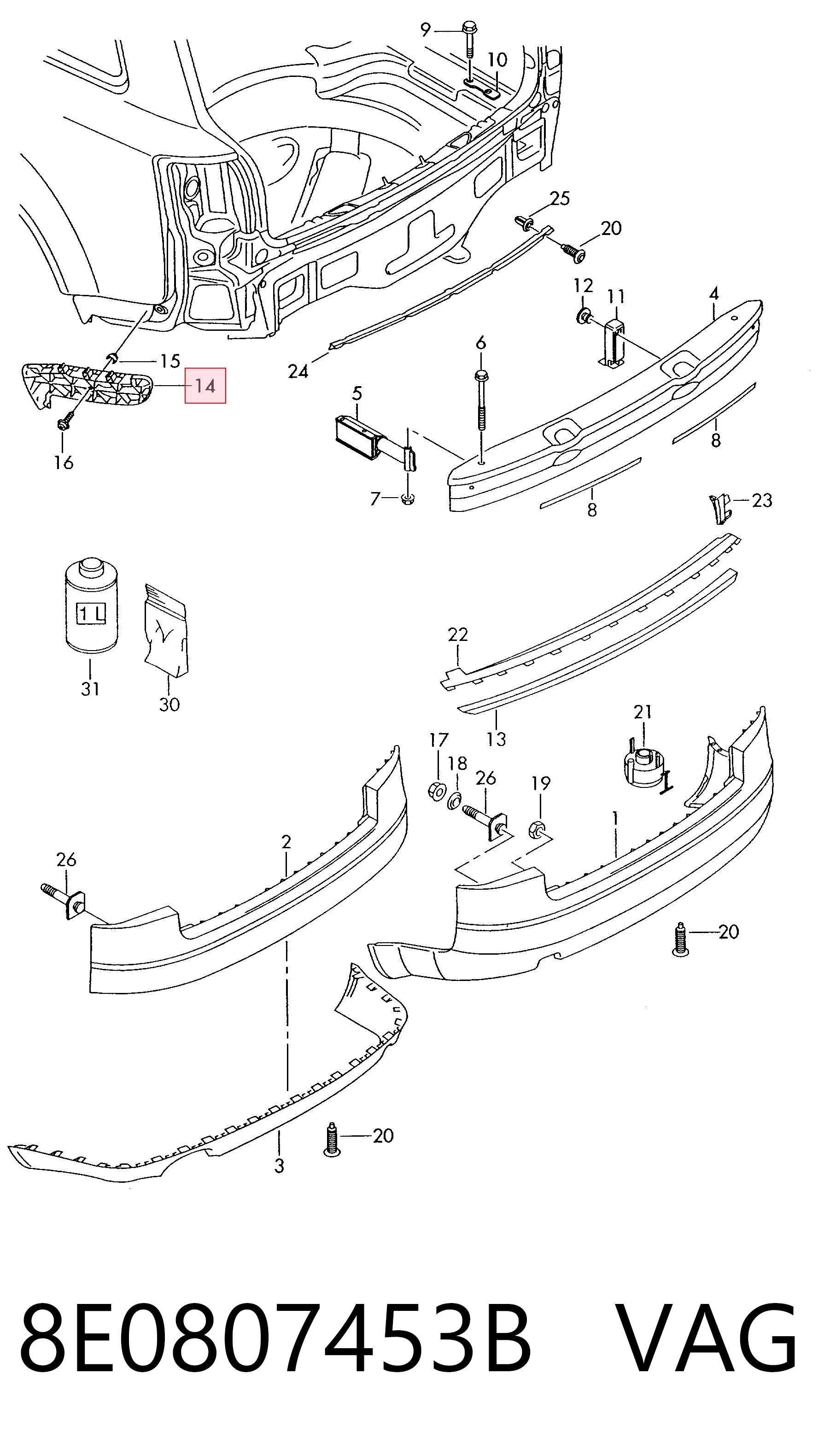 8E0807453B VAG Soporte del paragolpes trasero derecho