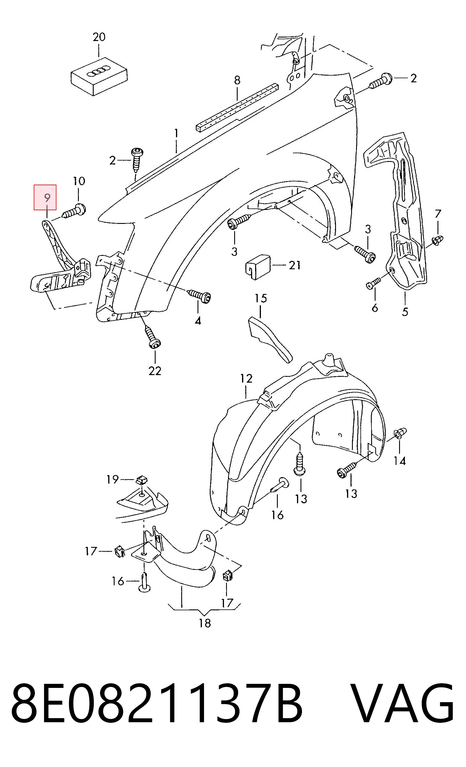 8E0821137B VAG Soporte delantero izquierdo para aleta delantera
