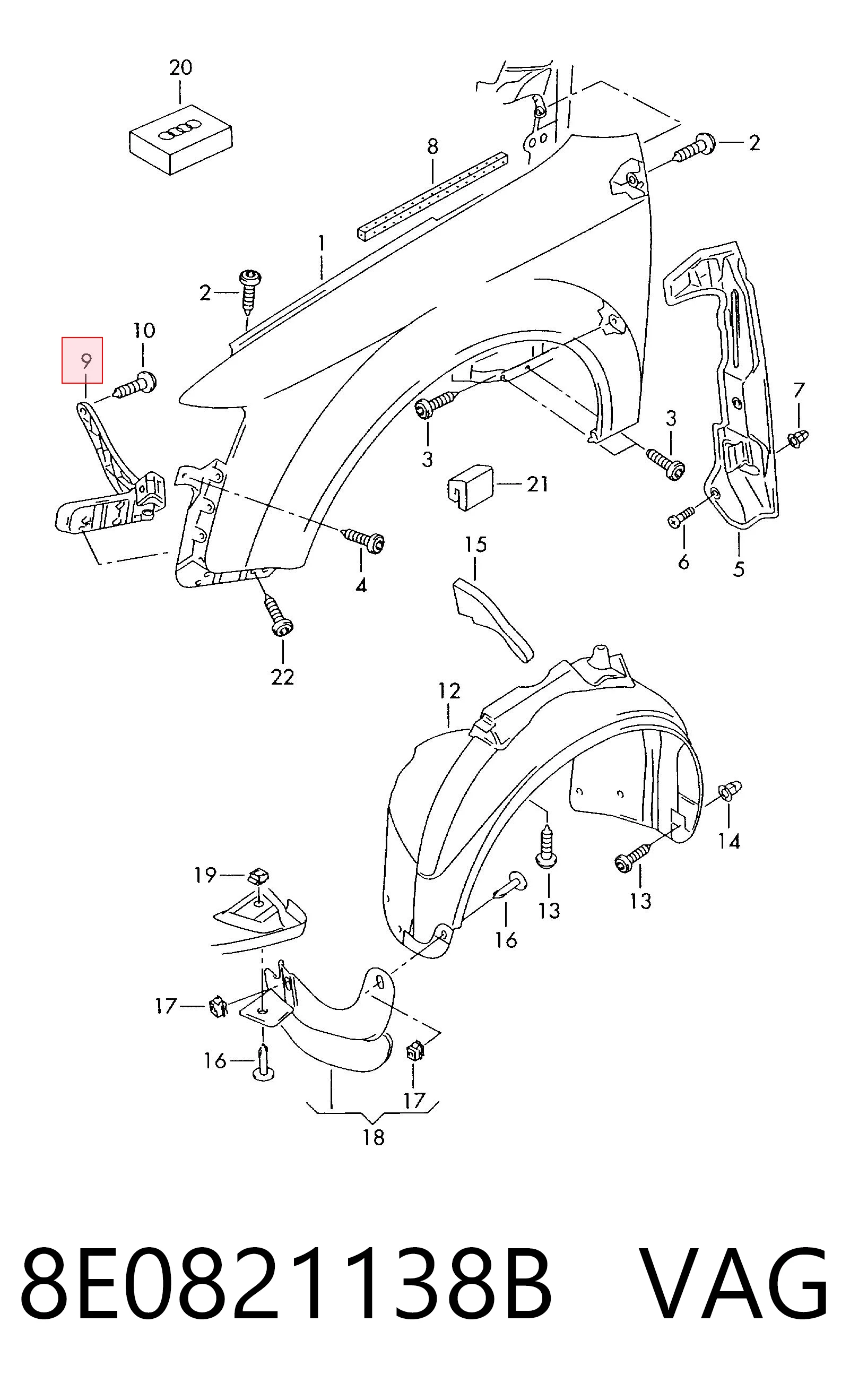 Soporte delantero de guardabarros delantero derecho 8E0821138B VAG