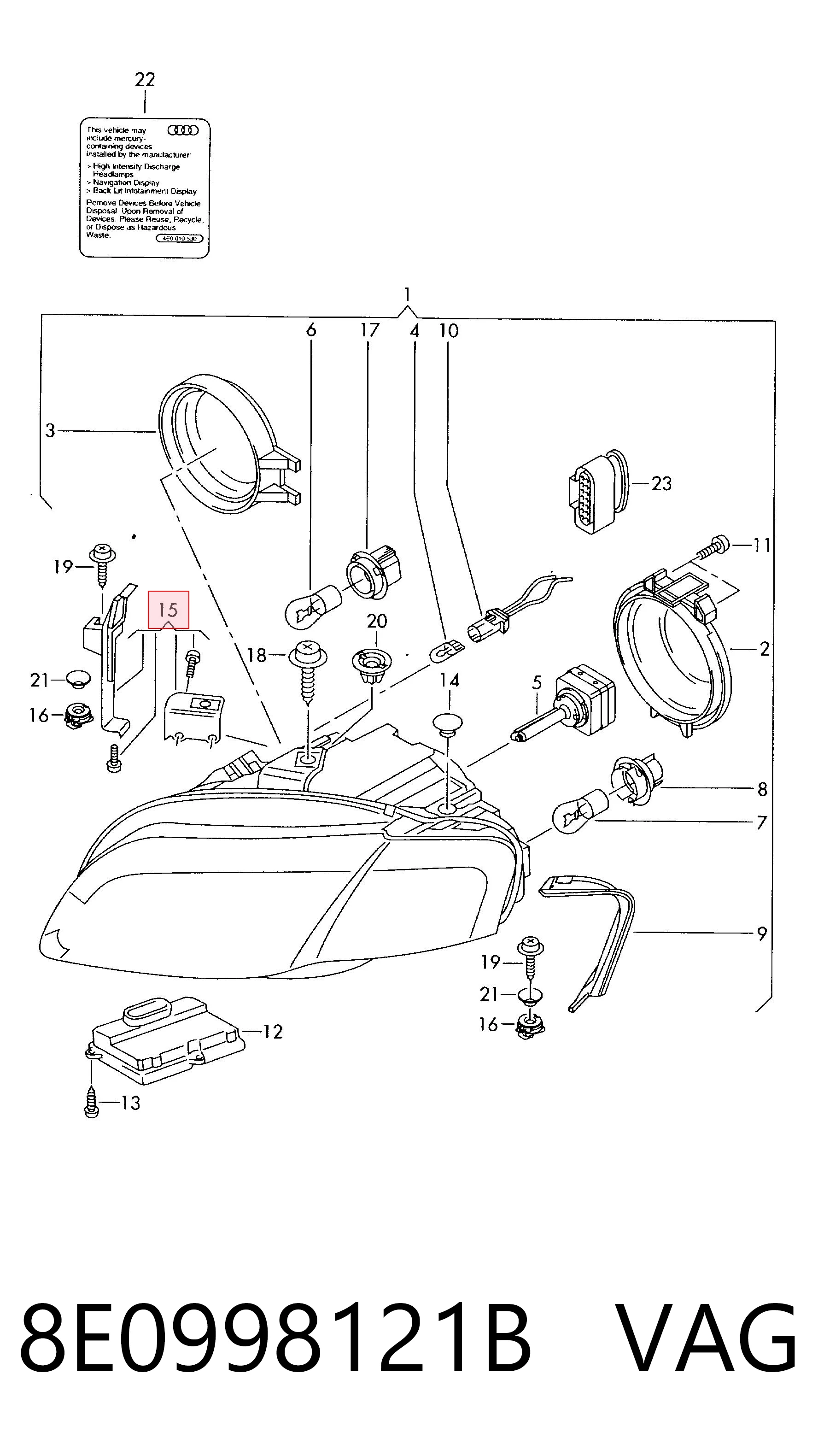 8E0998121B VAG Adaptador para montaje de faros delantero izquierdo